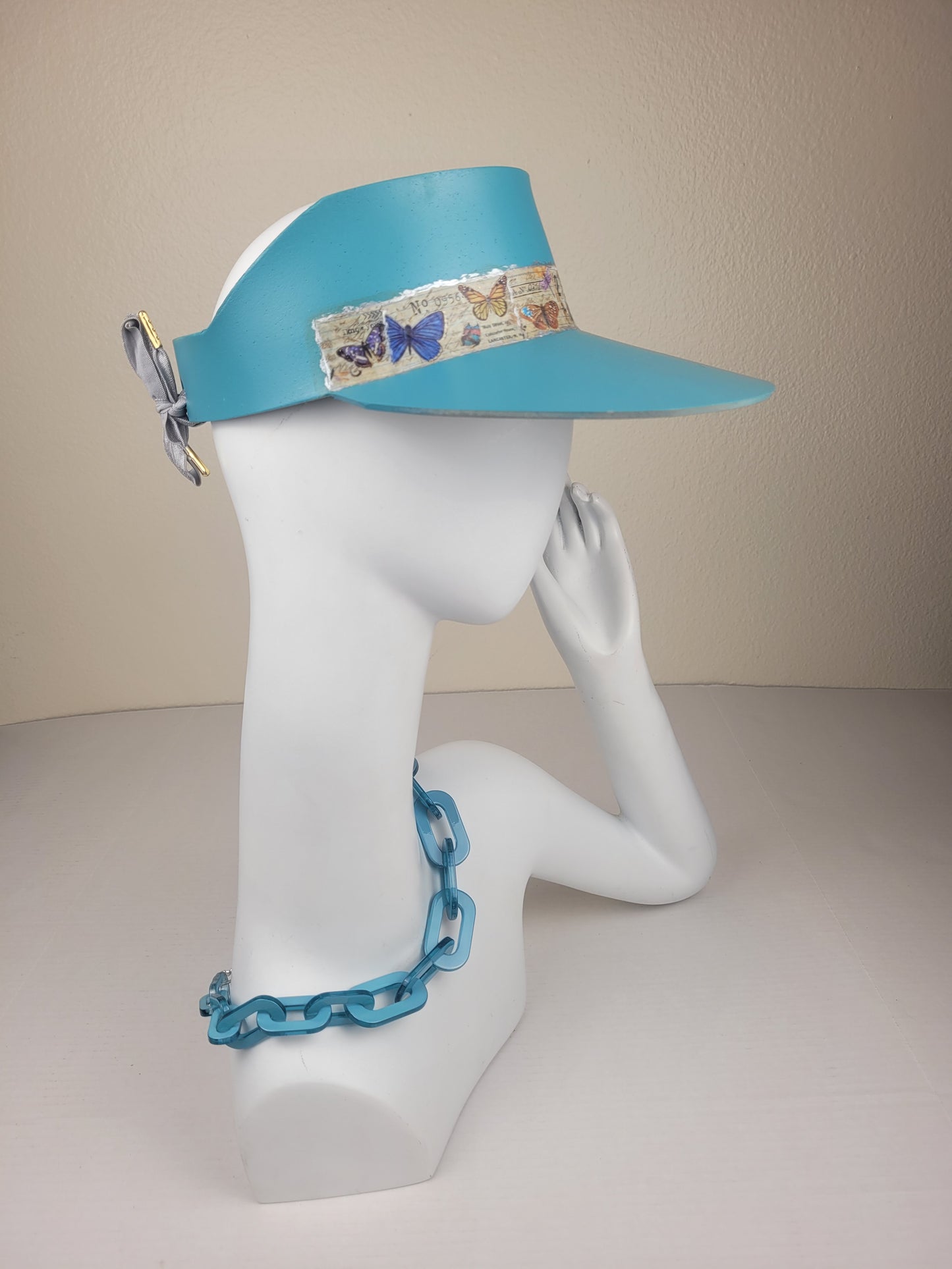 Tall Teal Blue "LadyEVA" Visor Hat with Butterfly Band