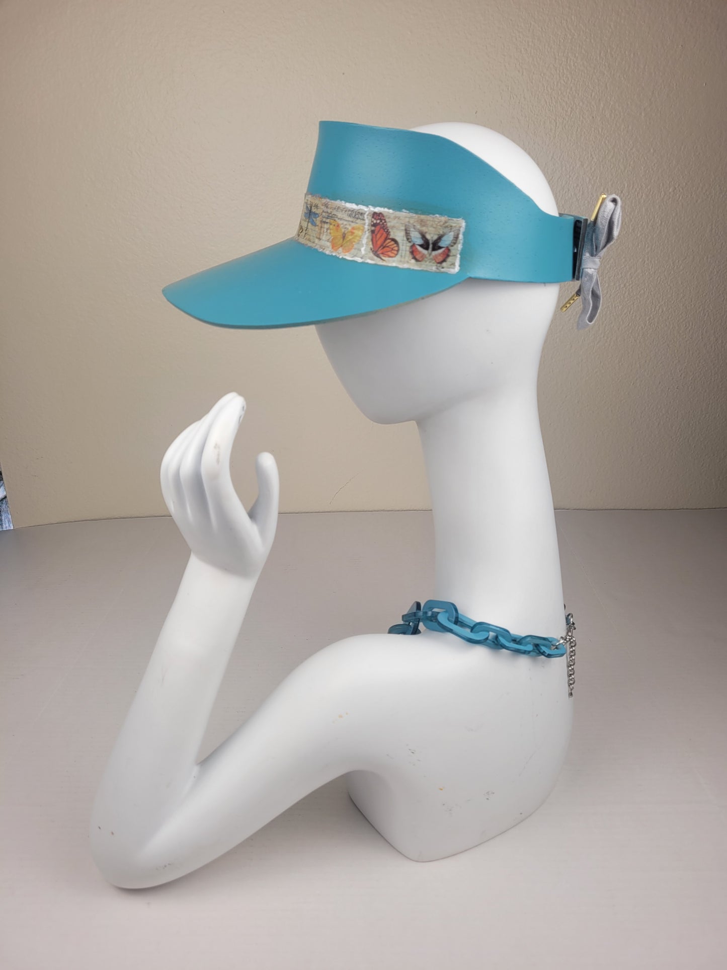 Tall Teal Blue "LadyEVA" Visor Hat with Butterfly Band