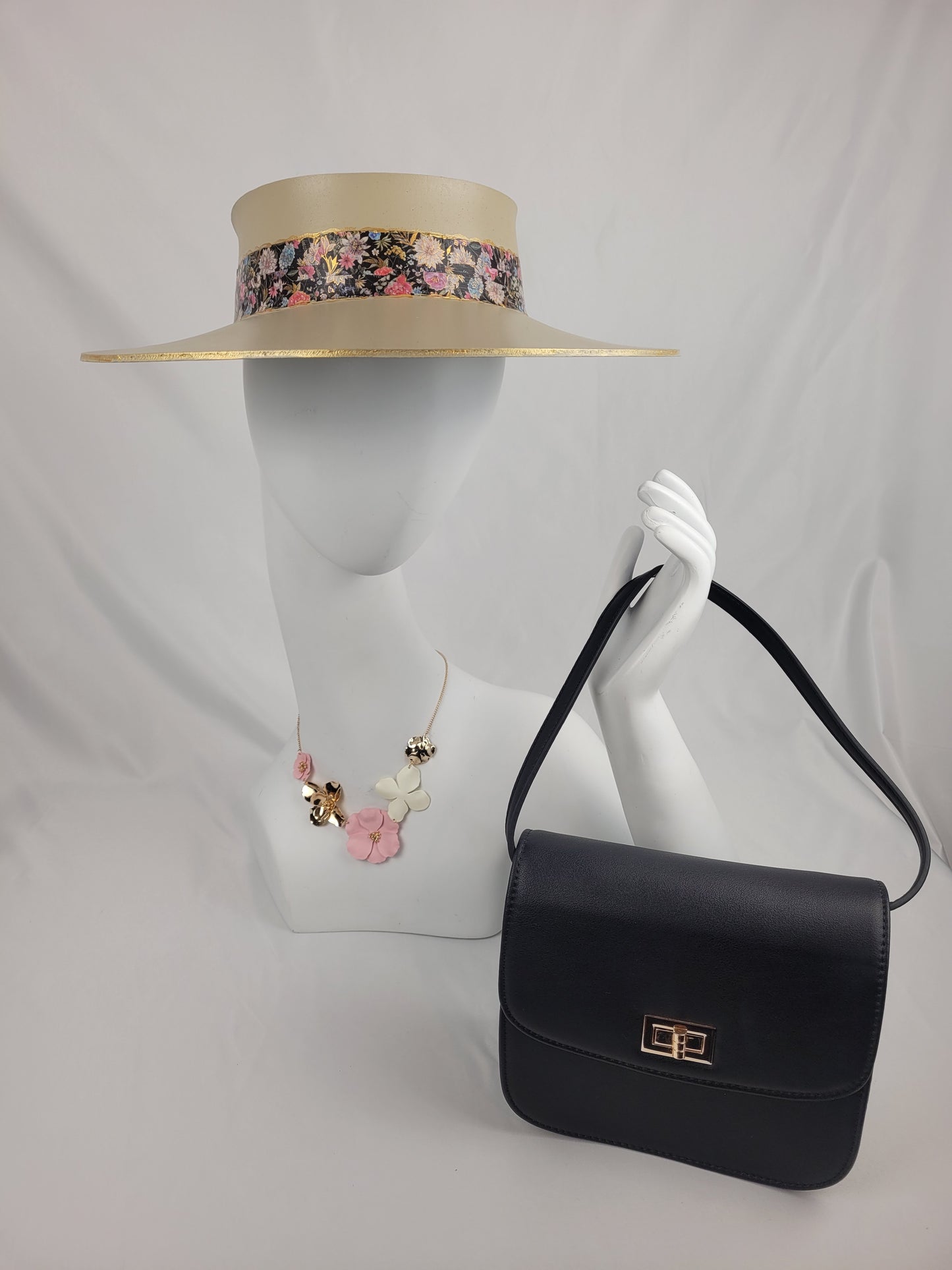 Beige "LadyEVA" Visor Hat with Dark Floral Band