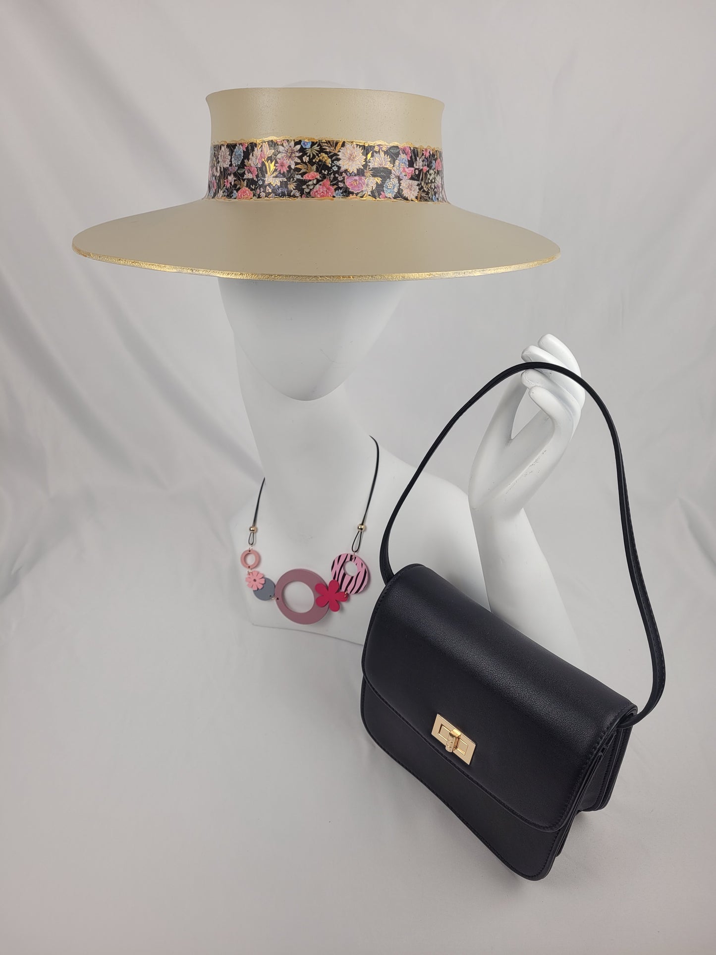 Beige "LadyEVA" Visor Hat with Dark Floral Band