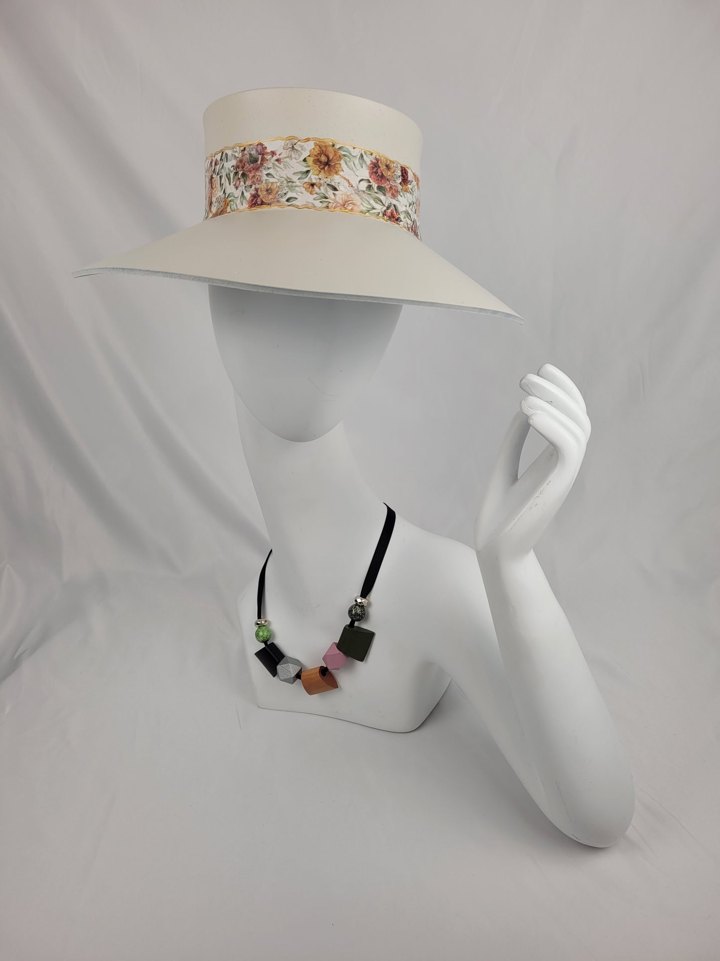 Tall Off-White "LadyEVA" Visor Hat with Light Floral Band