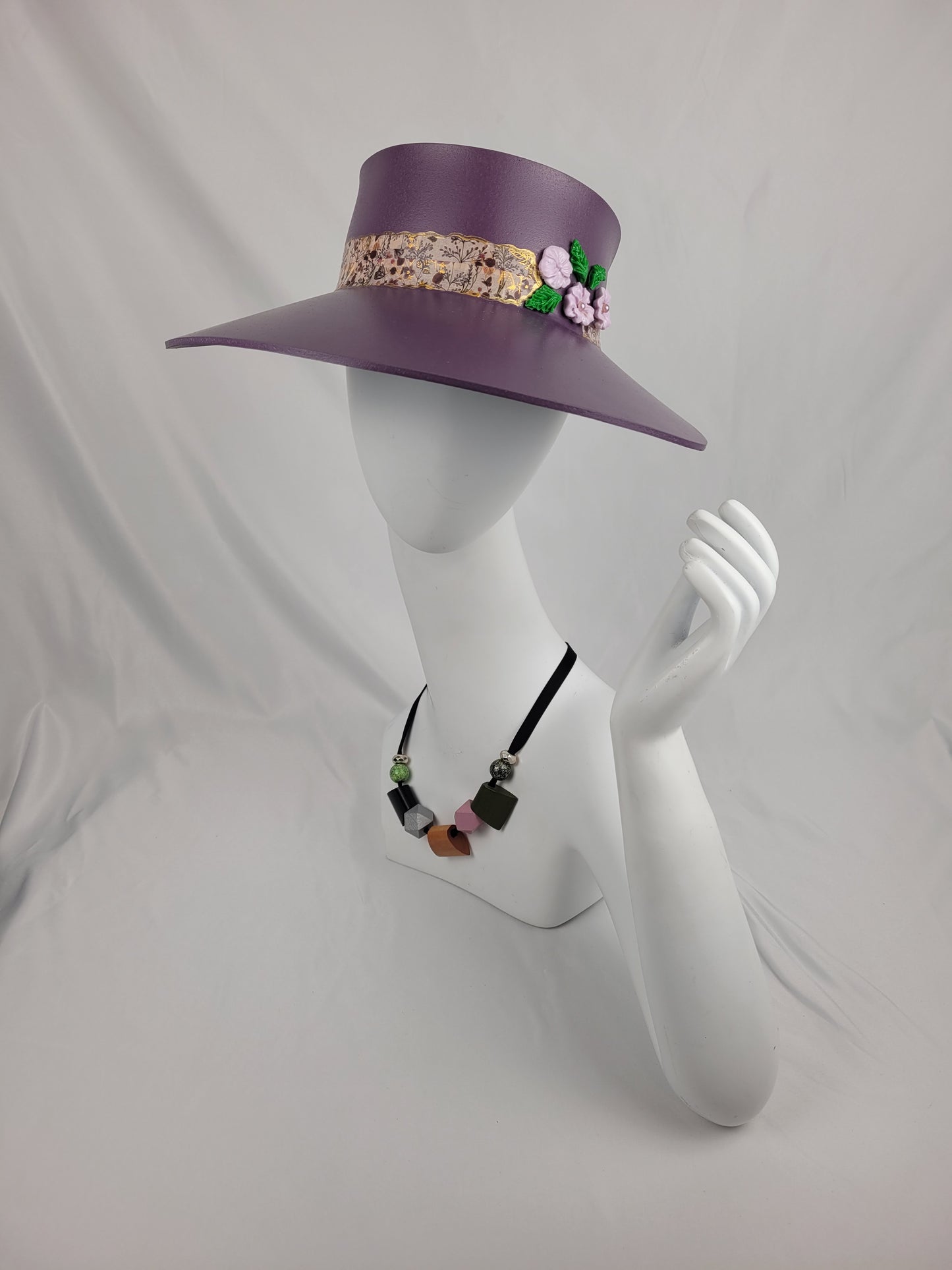 Tall Purple LadyEVA Visor Hat with Floral Band and Polymer Clay Flowers