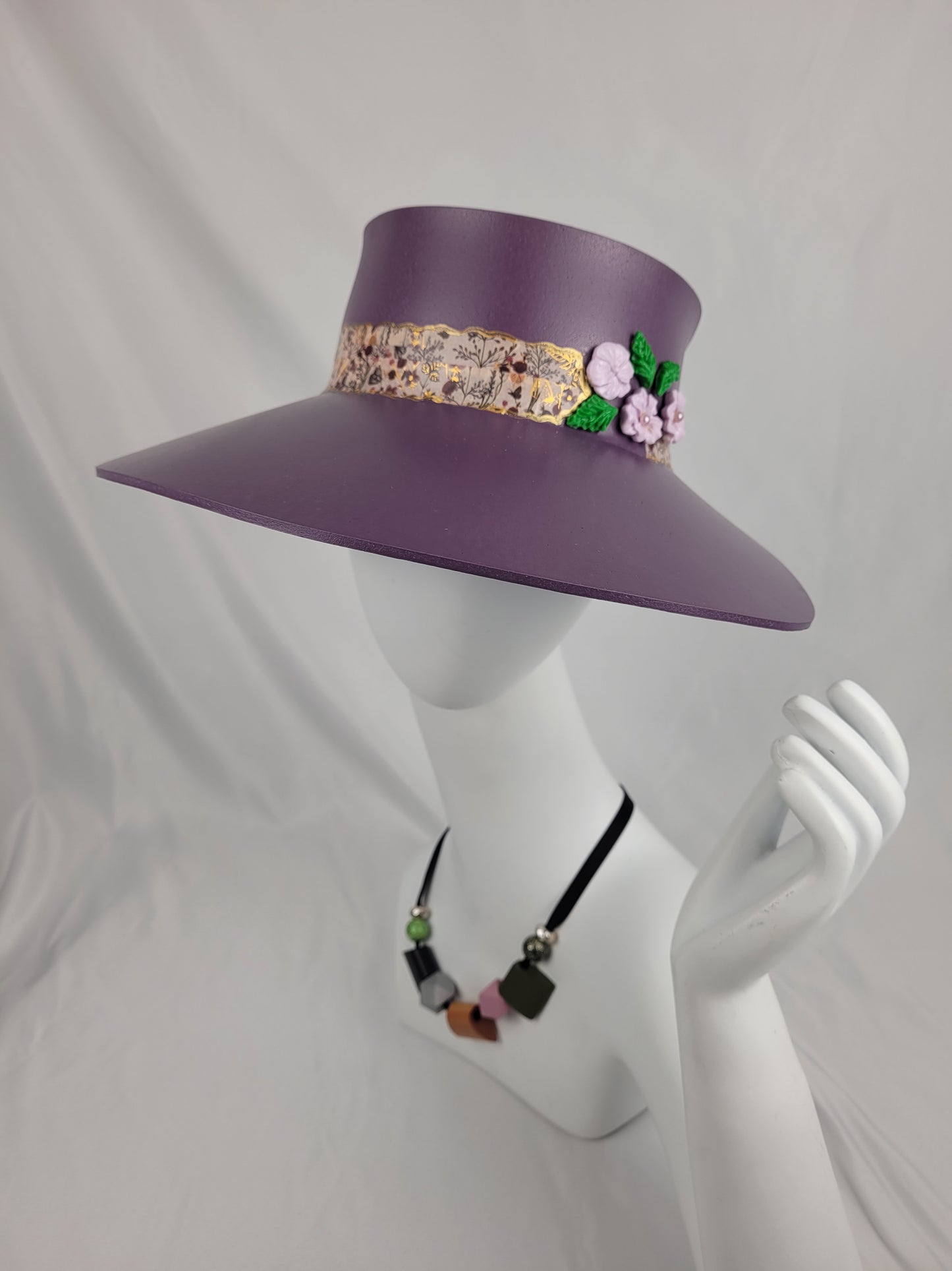 Tall Purple LadyEVA Visor Hat with Floral Band and Polymer Clay Flowers