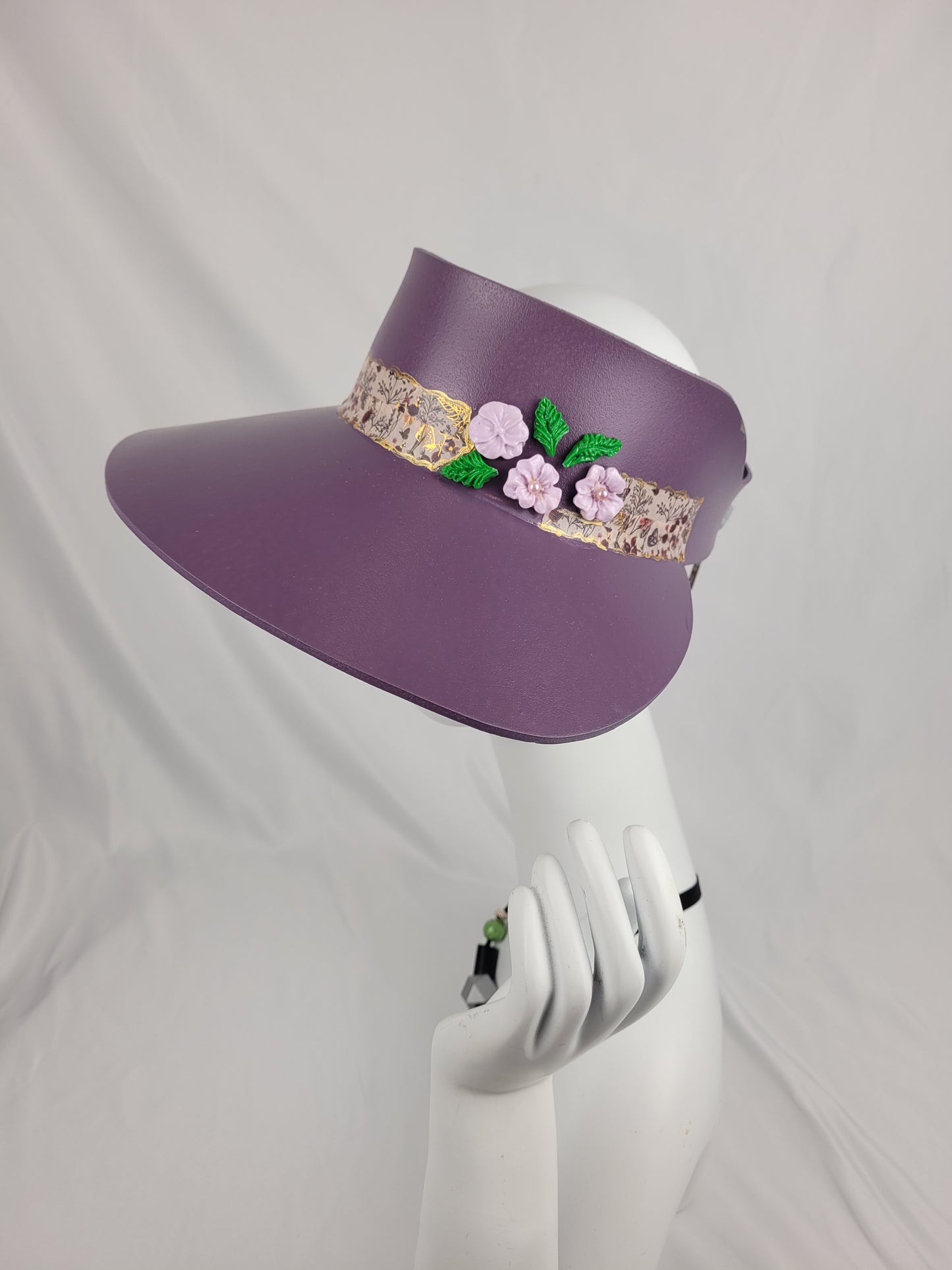 Tall Purple LadyEVA Visor Hat with Floral Band and Polymer Clay Flowers