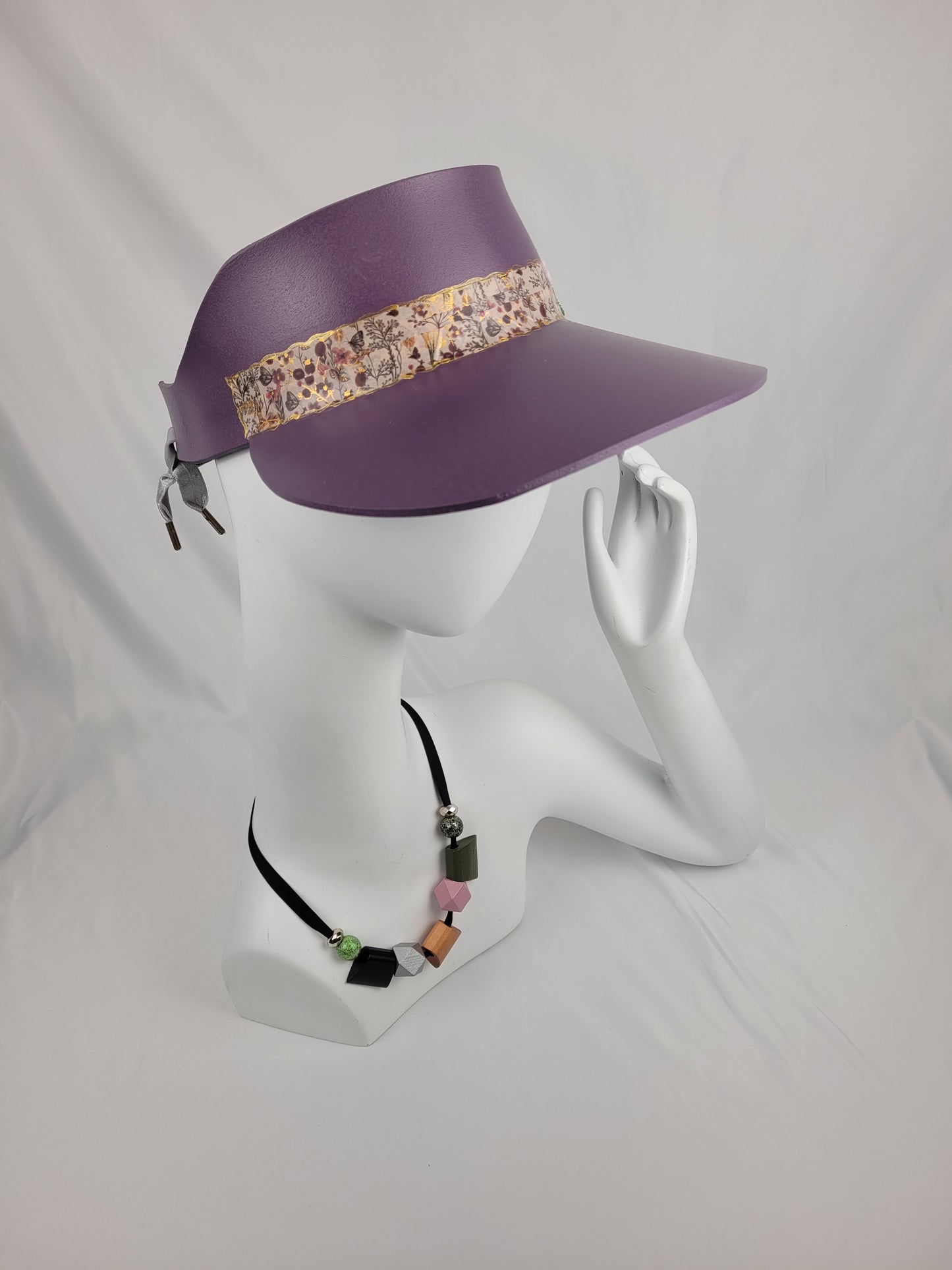 Tall Purple LadyEVA Visor Hat with Floral Band and Polymer Clay Flowers