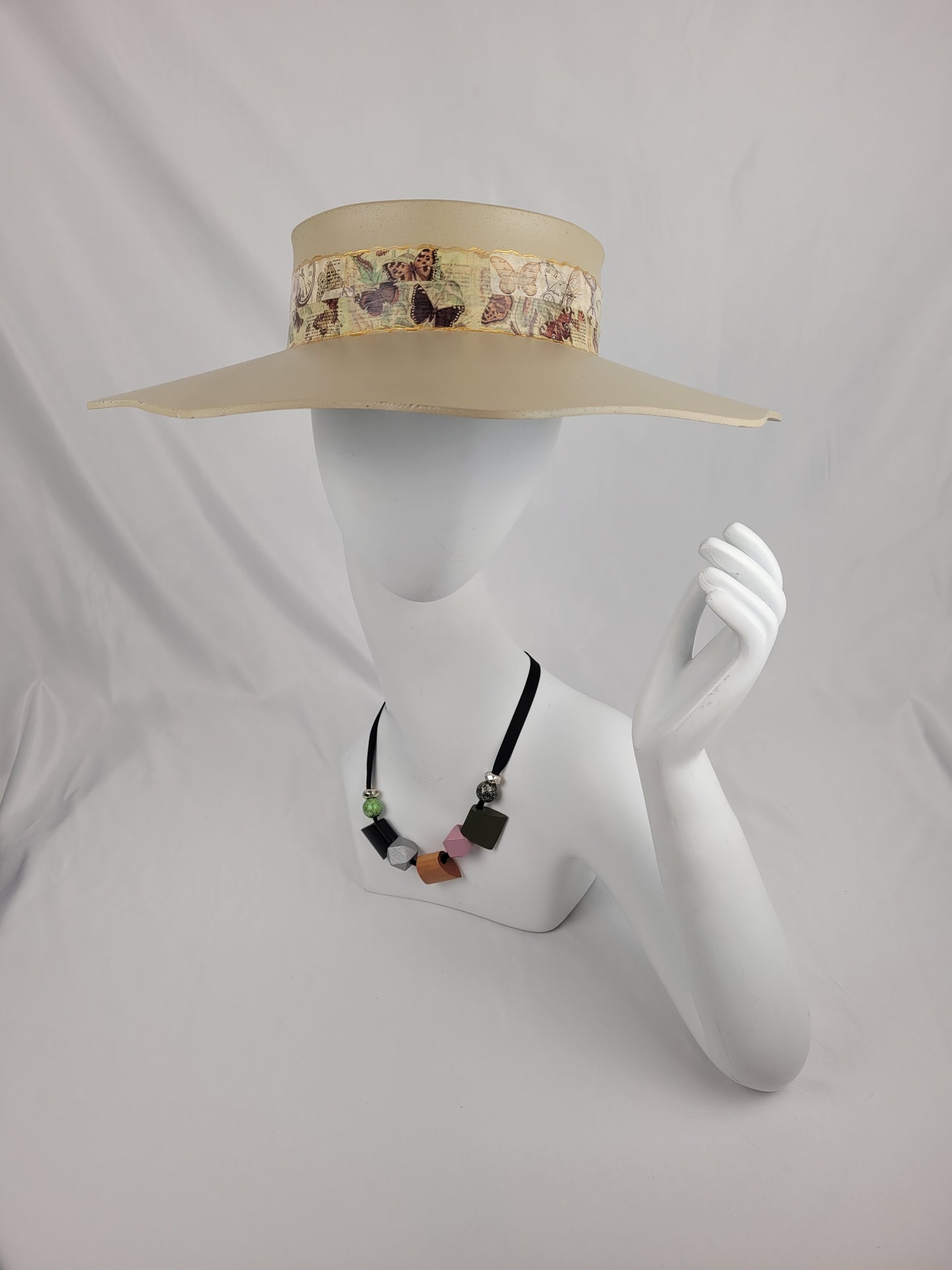 Beige Lotus Visor Hat with Butterfly Band