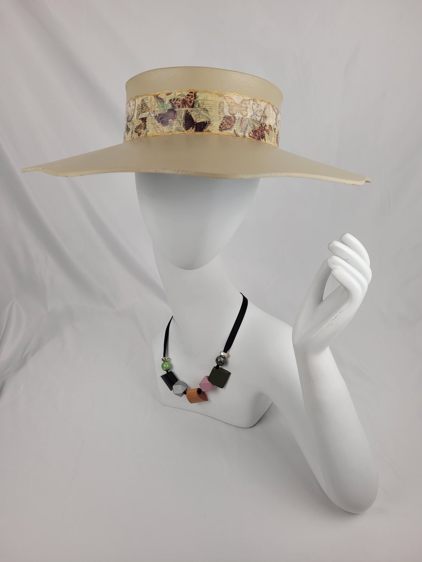 Beige Lotus Visor Hat with Butterfly Band