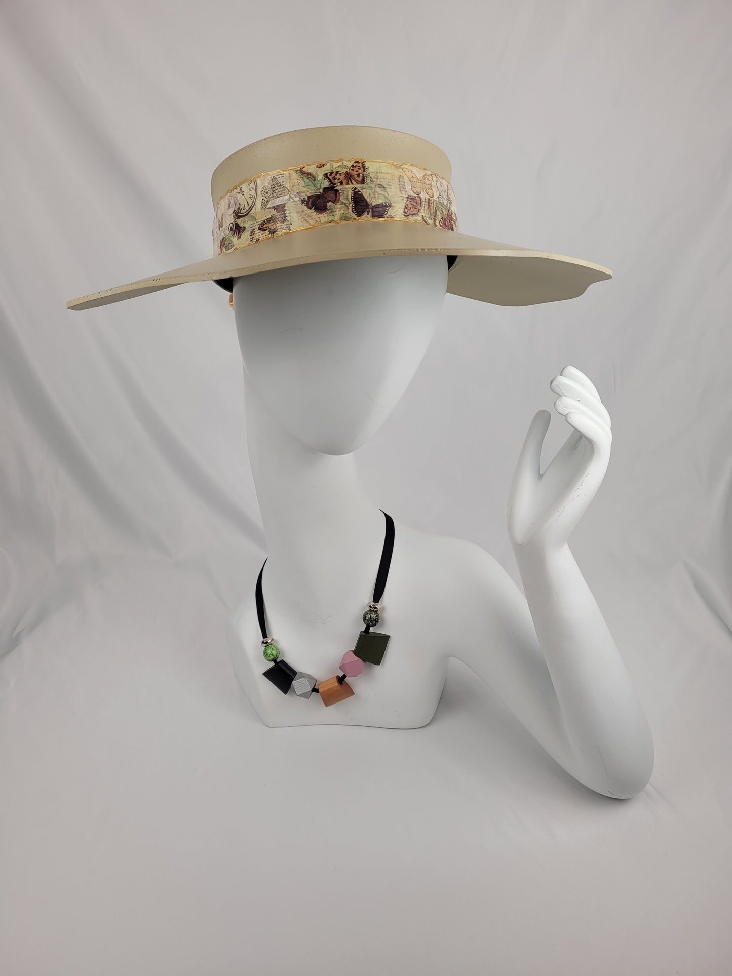 Beige Lotus Visor Hat with Butterfly Band