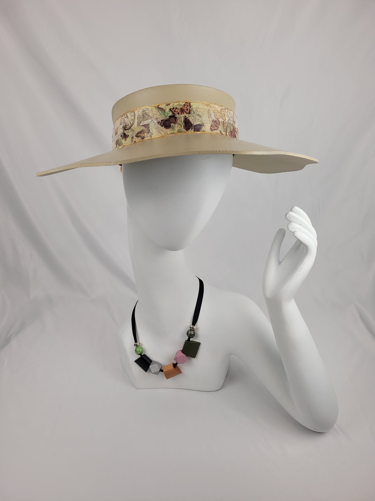 Beige Lotus Visor Hat with Butterfly Band