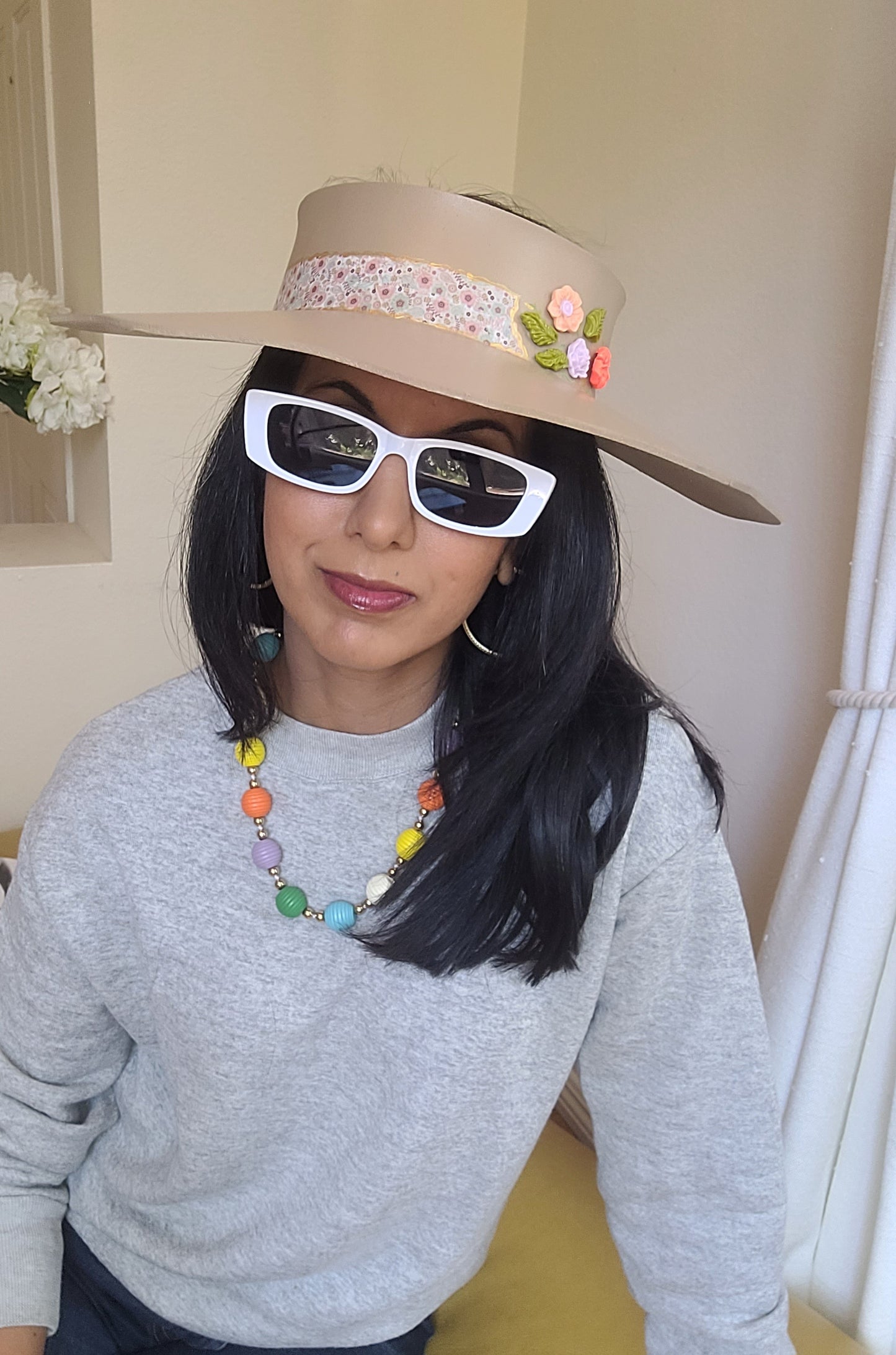 Beautiful Beige Lotus Sun Visor Delicate Floral Band and Citrus Flowers: UV protection during Golf, Hikes and Beach Days