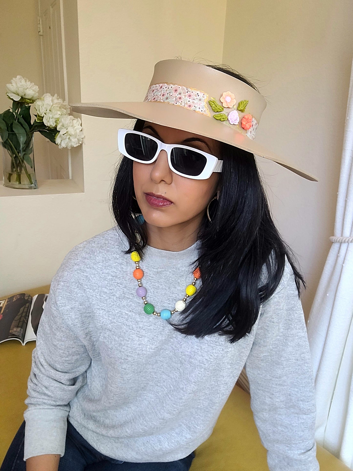 Beautiful Beige Lotus Sun Visor Delicate Floral Band and Citrus Flowers: UV protection during Golf, Hikes and Beach Days