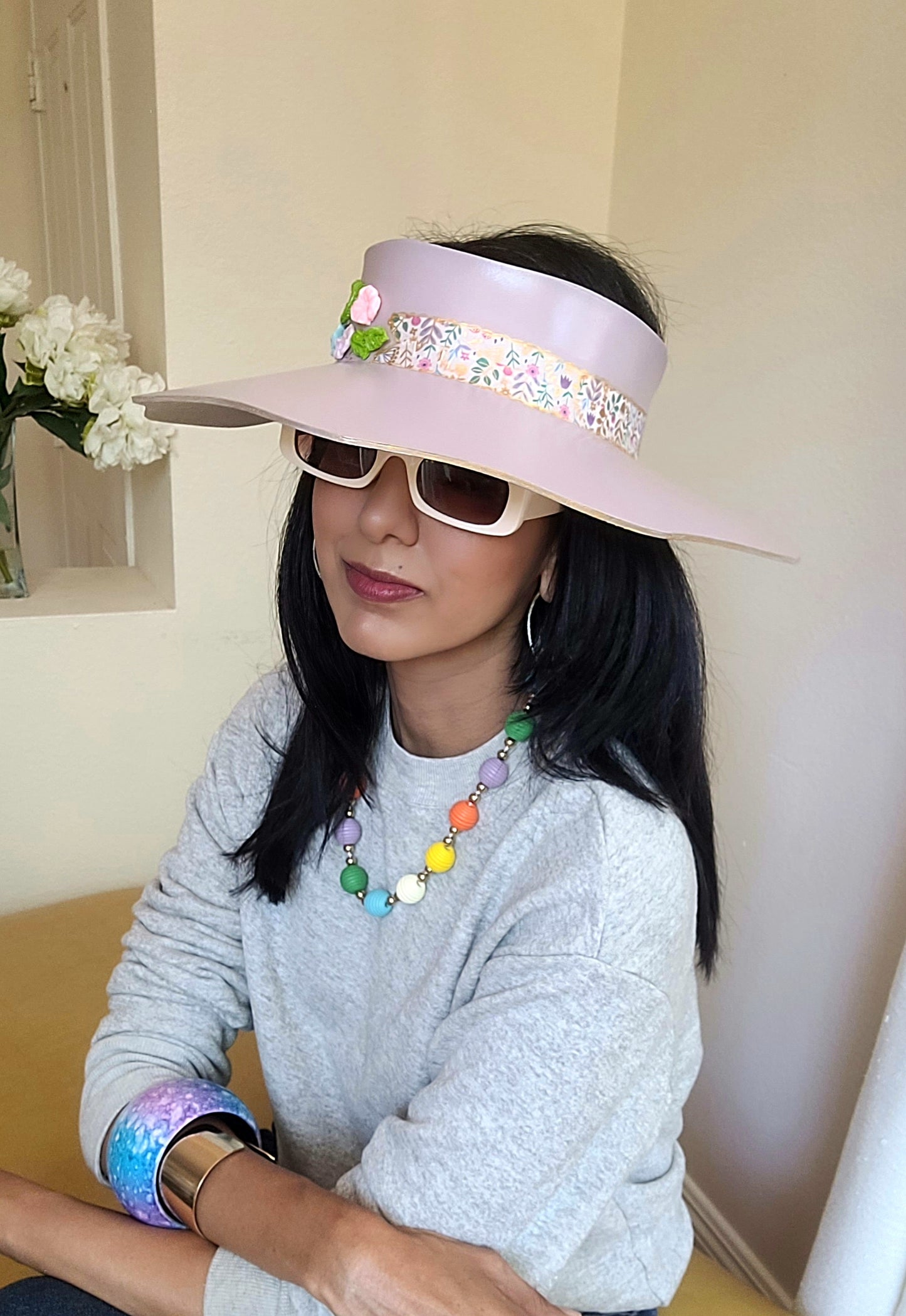 Lavender Lotus Visor with Fun Floral Band and Pastel Flowers