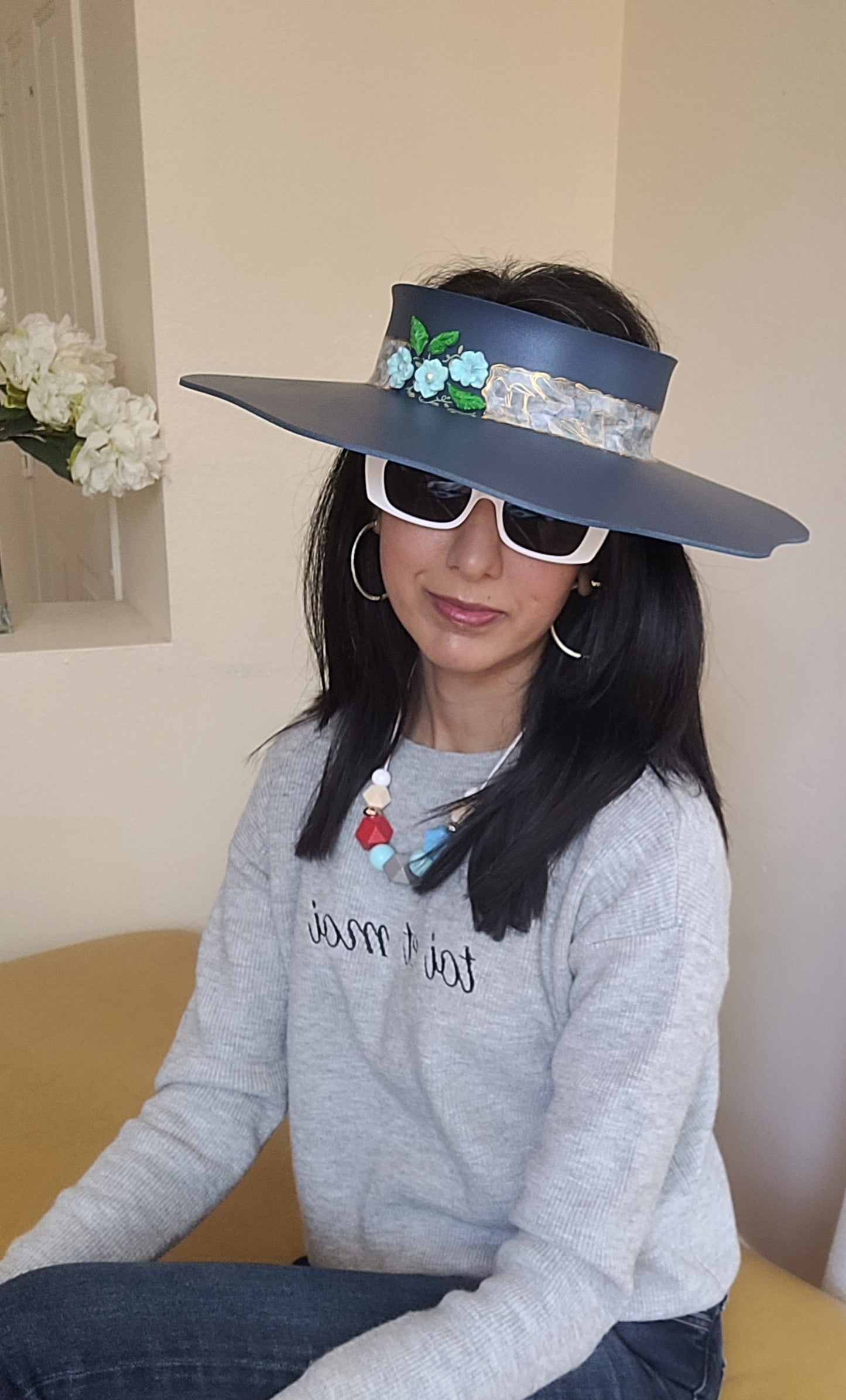 Navy Lotus Visor Hat with Blue Abstract Band and Baby Blue Floral Charms