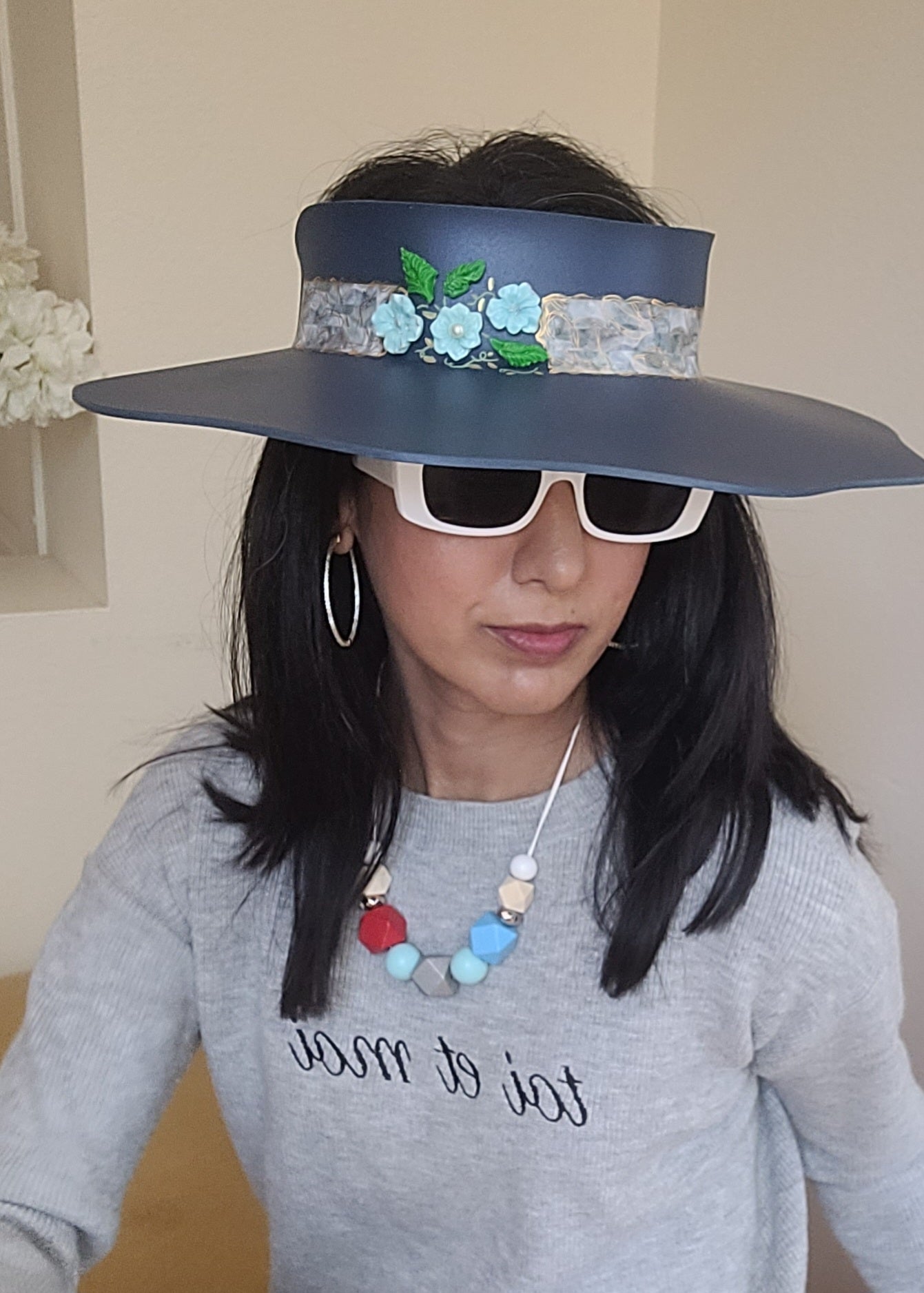 Navy Lotus Visor Hat with Blue Abstract Band and Baby Blue Floral Charms