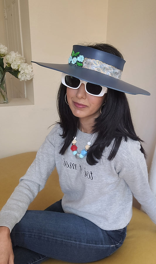 Navy Lotus Visor Hat with Blue Abstract Band and Baby Blue Floral Charms