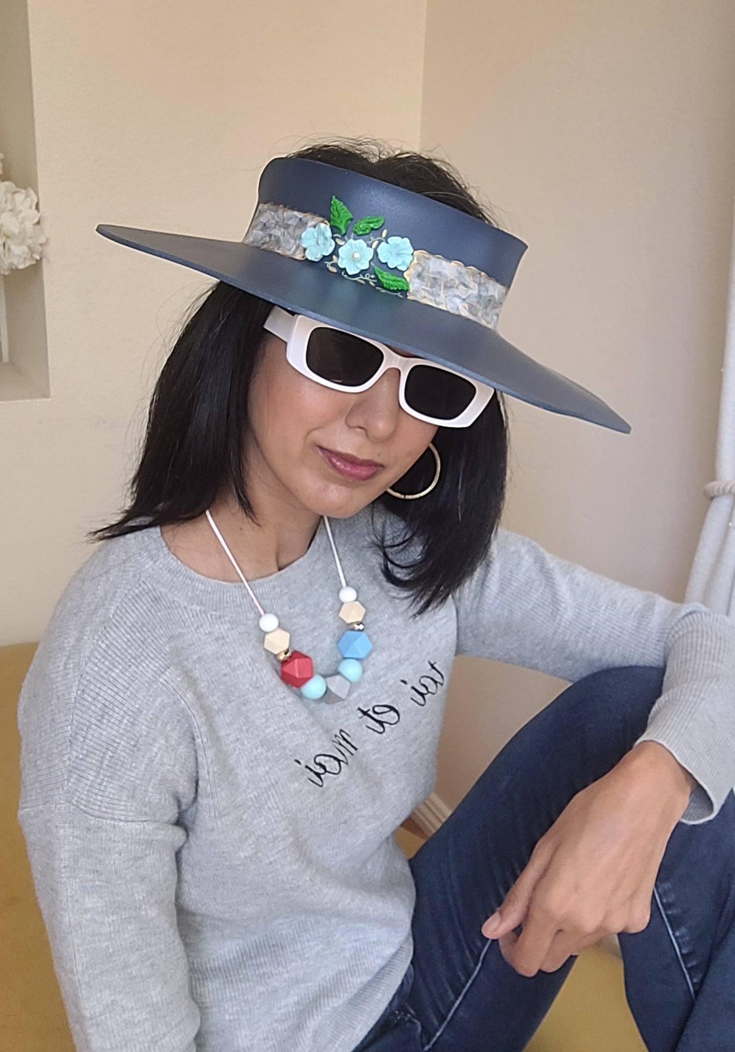 Navy Lotus Visor Hat with Blue Abstract Band and Baby Blue Floral Charms