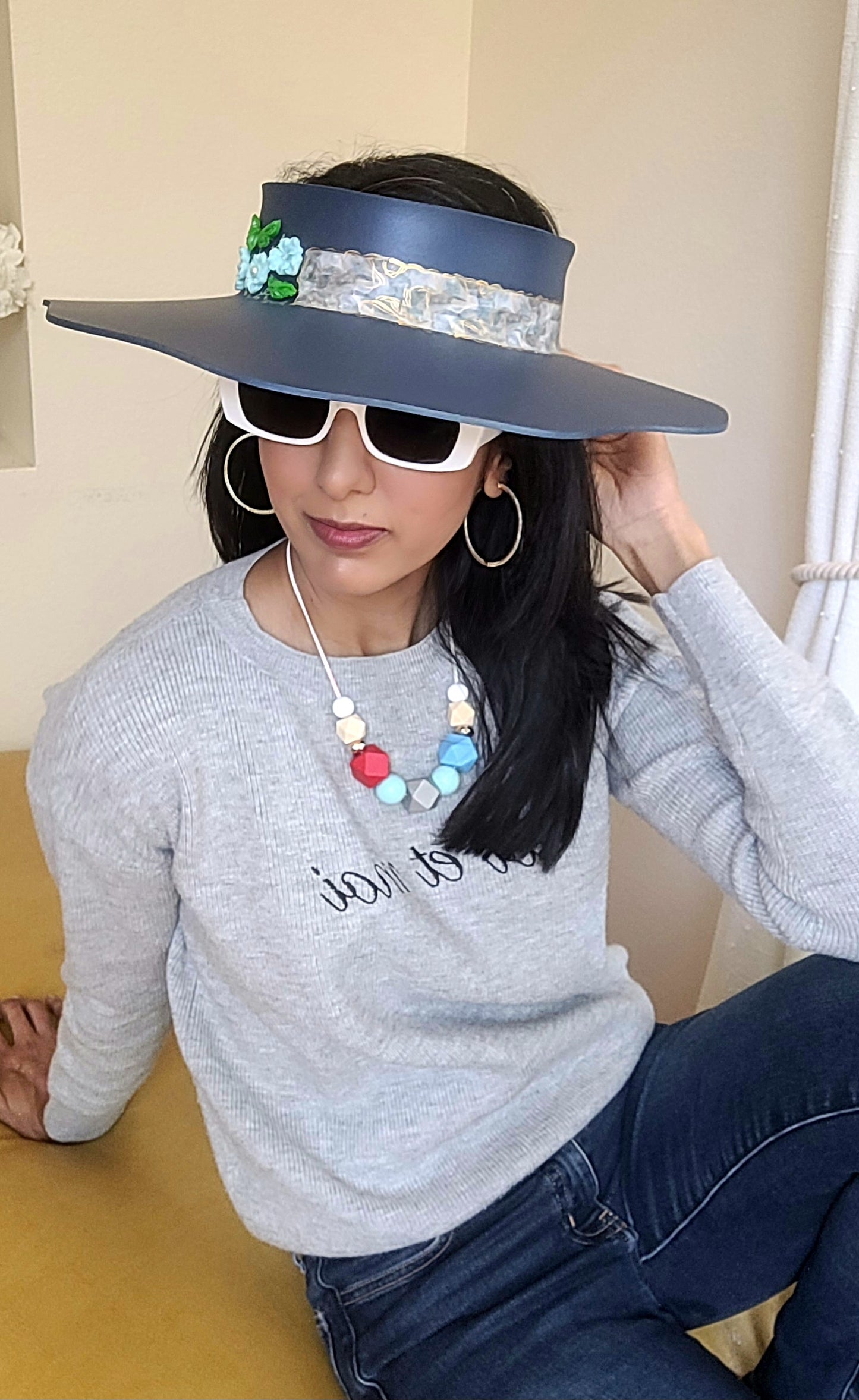 Navy Lotus Visor Hat with Blue Abstract Band and Baby Blue Floral Charms