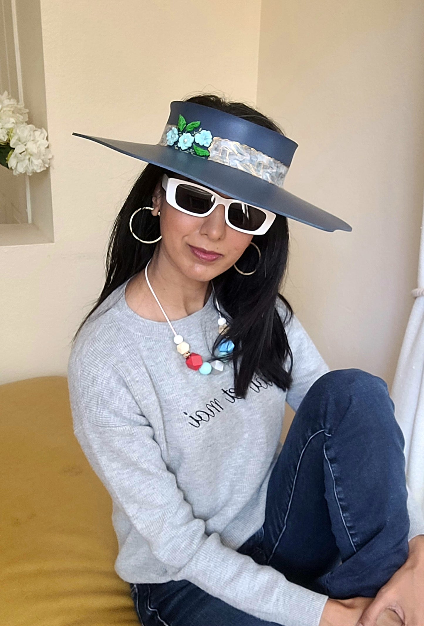 Navy Lotus Visor Hat with Blue Abstract Band and Baby Blue Floral Charms