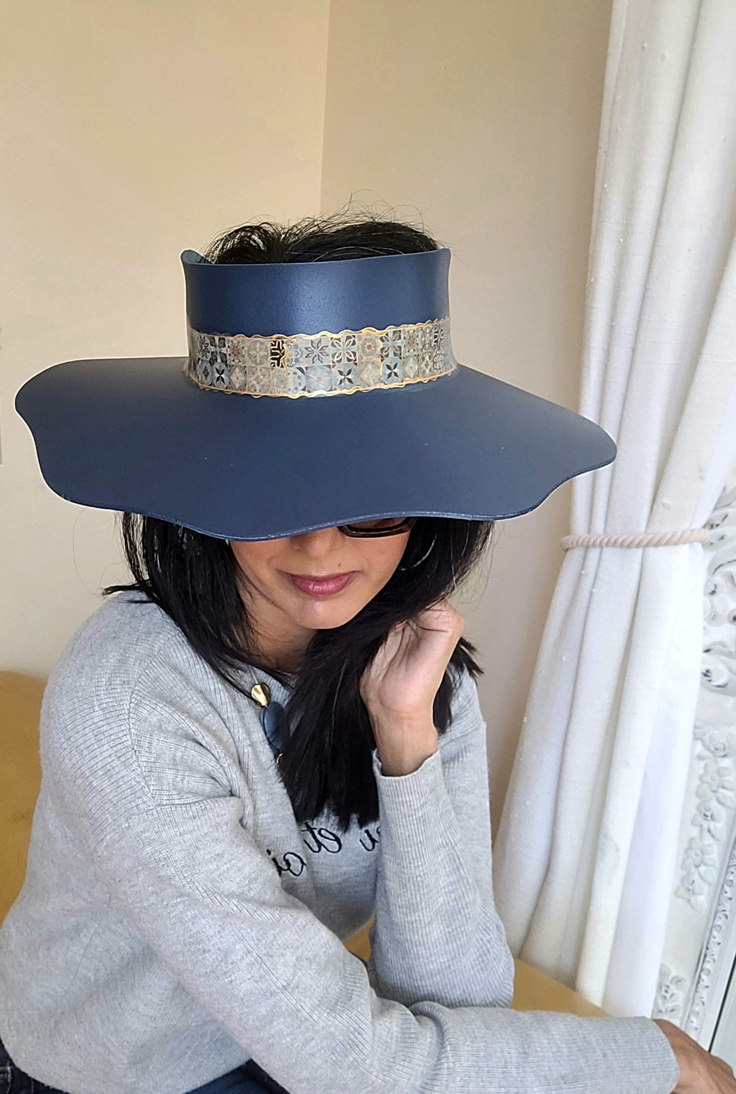 Tall Navy Lotus Visor Hat with Geo Band with Golden Highlights