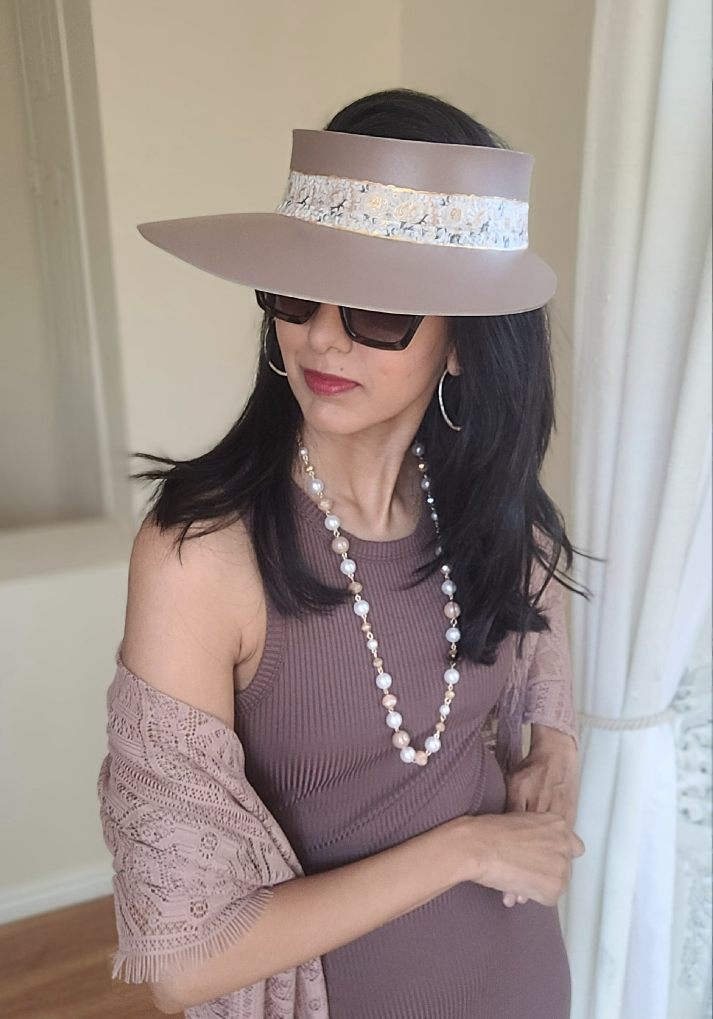 Dark Taupe "LadyEVA" Visor Hat with Off-white Floral Band