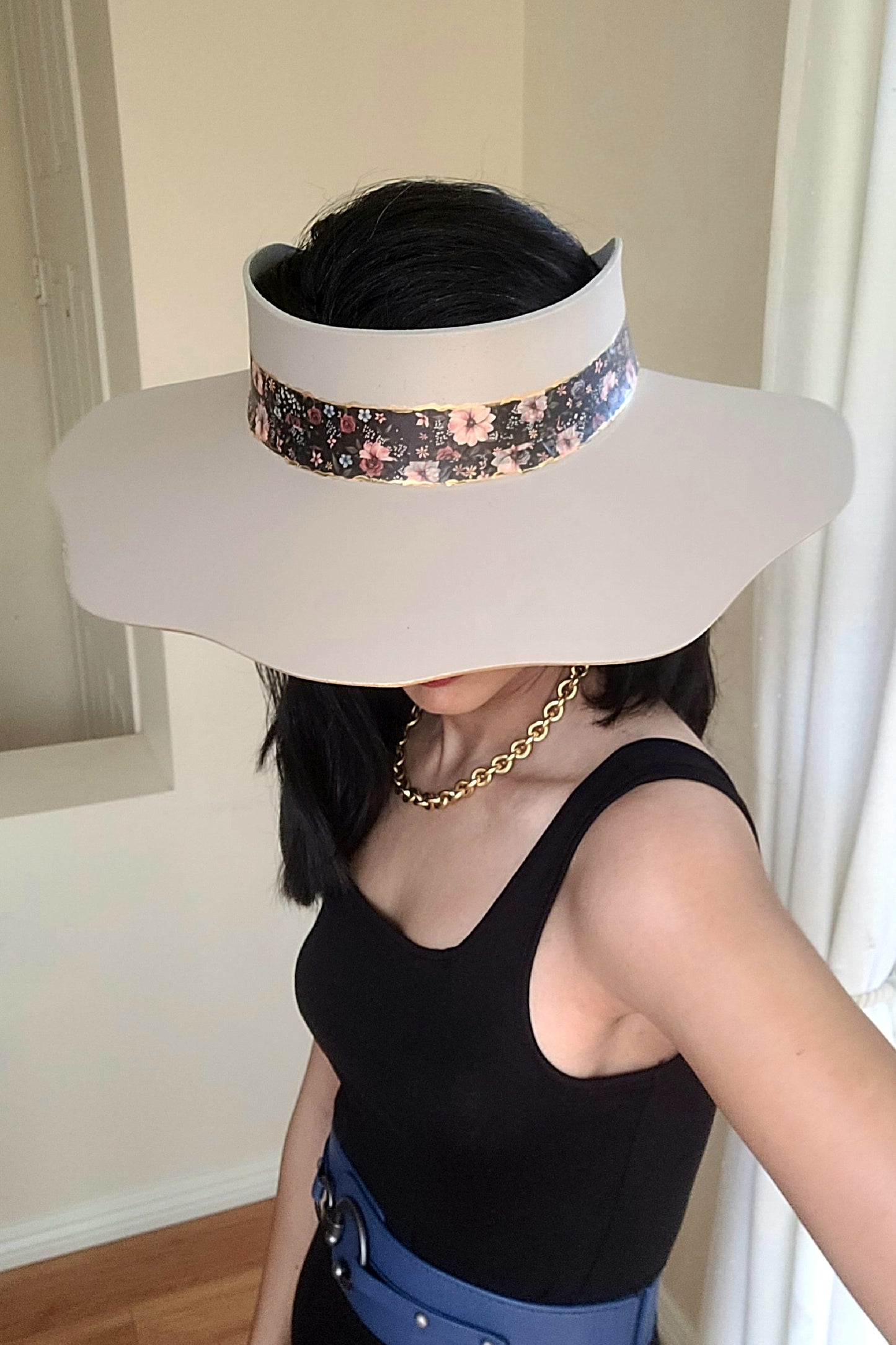 Taupe Lotus Visor Hat with Classy Black Band with Pink Floral Accents