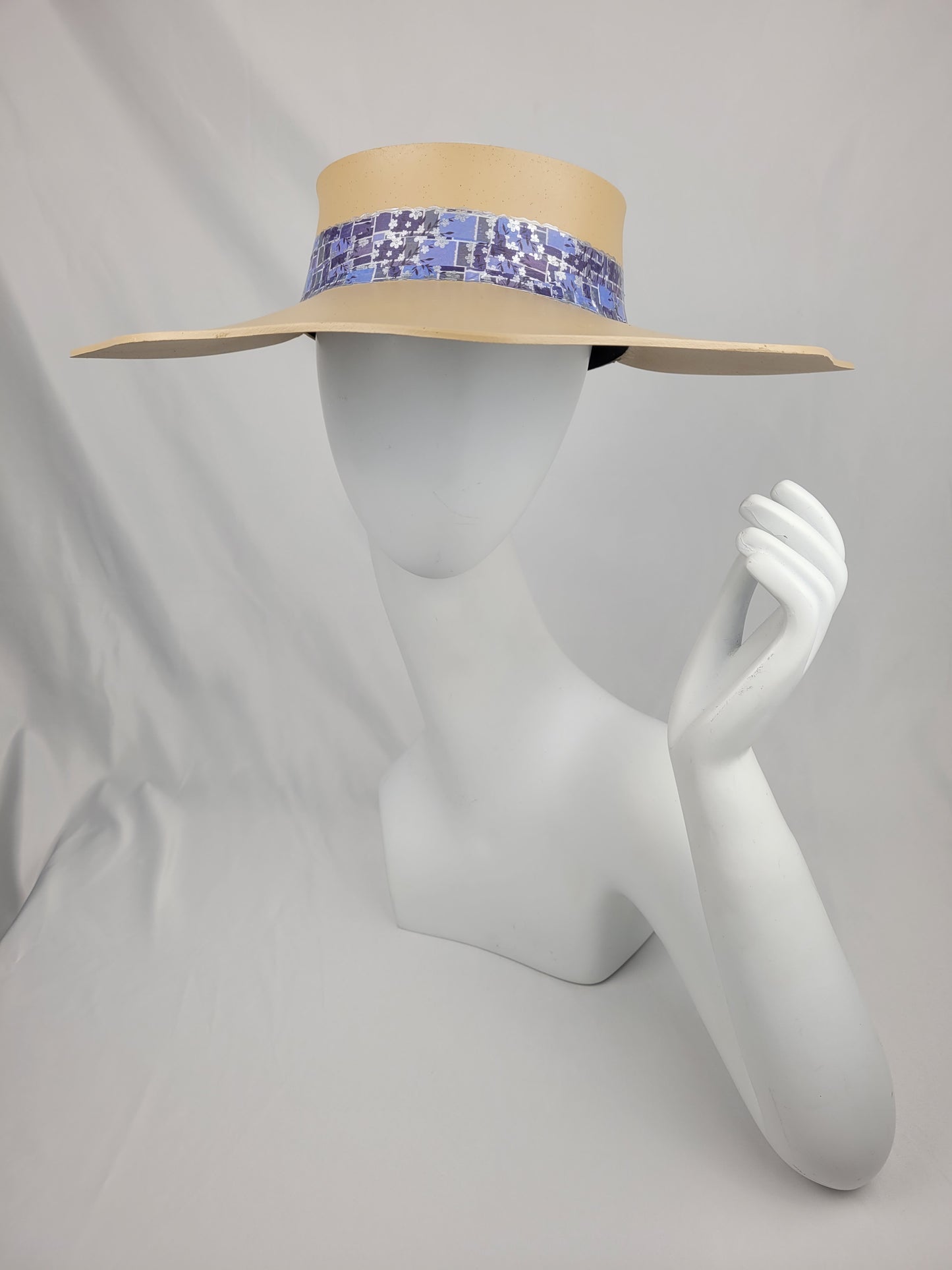 Beige Lotus Visor Hat with Silvery Blue and Purple Floral Band