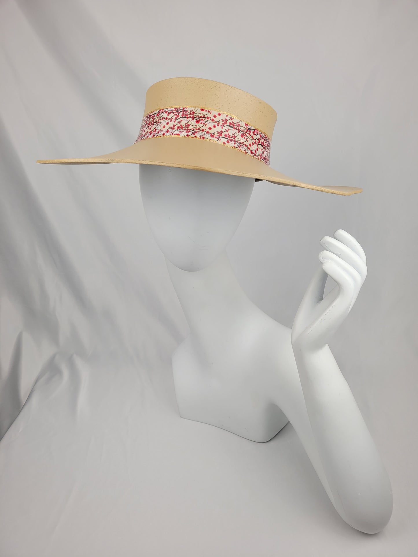 Beige Lotus Visor Hat with Magenta Cherry Blossom Floral Band