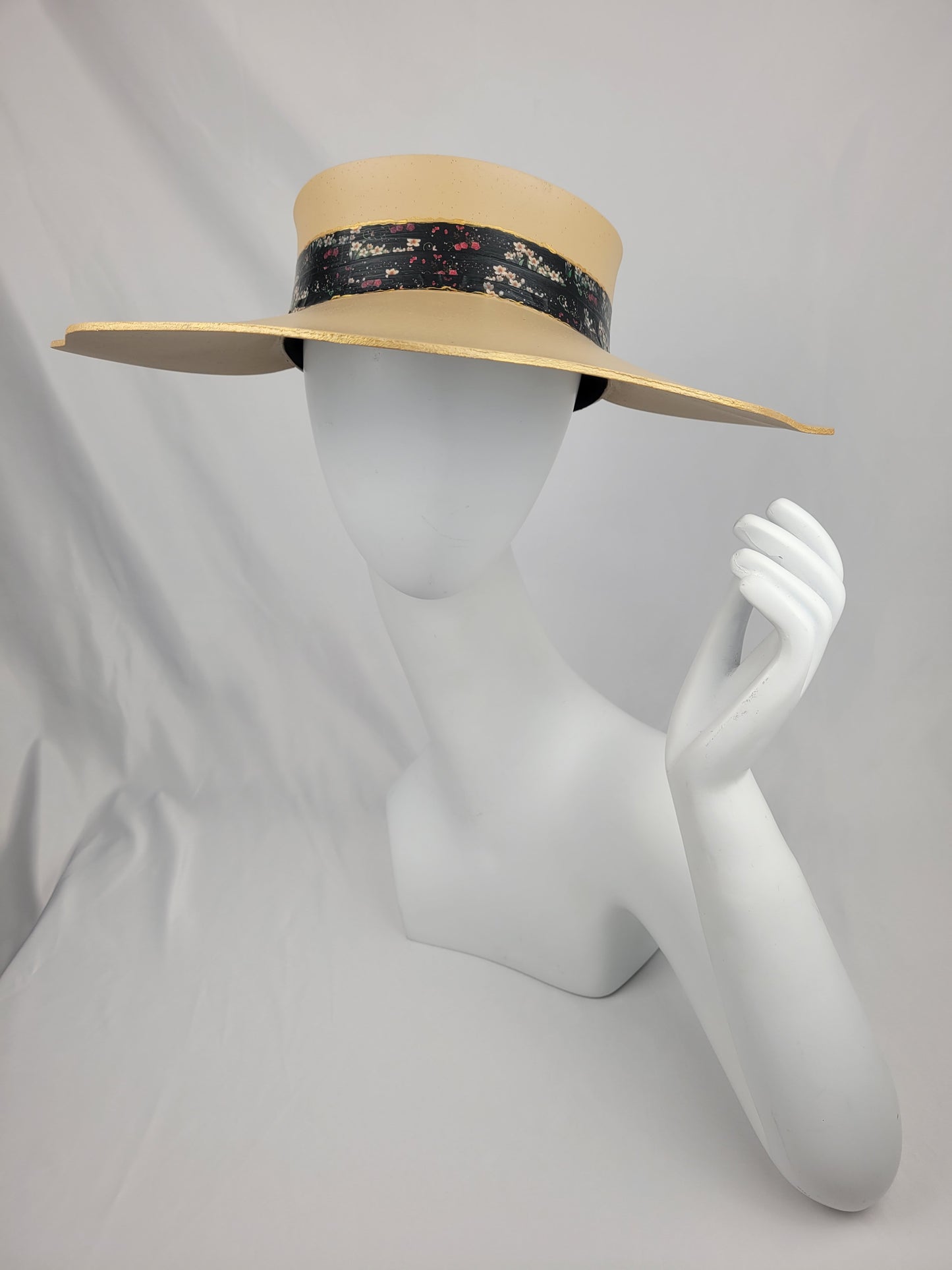 Tan Lotus Visor Hat with Black Floral Band