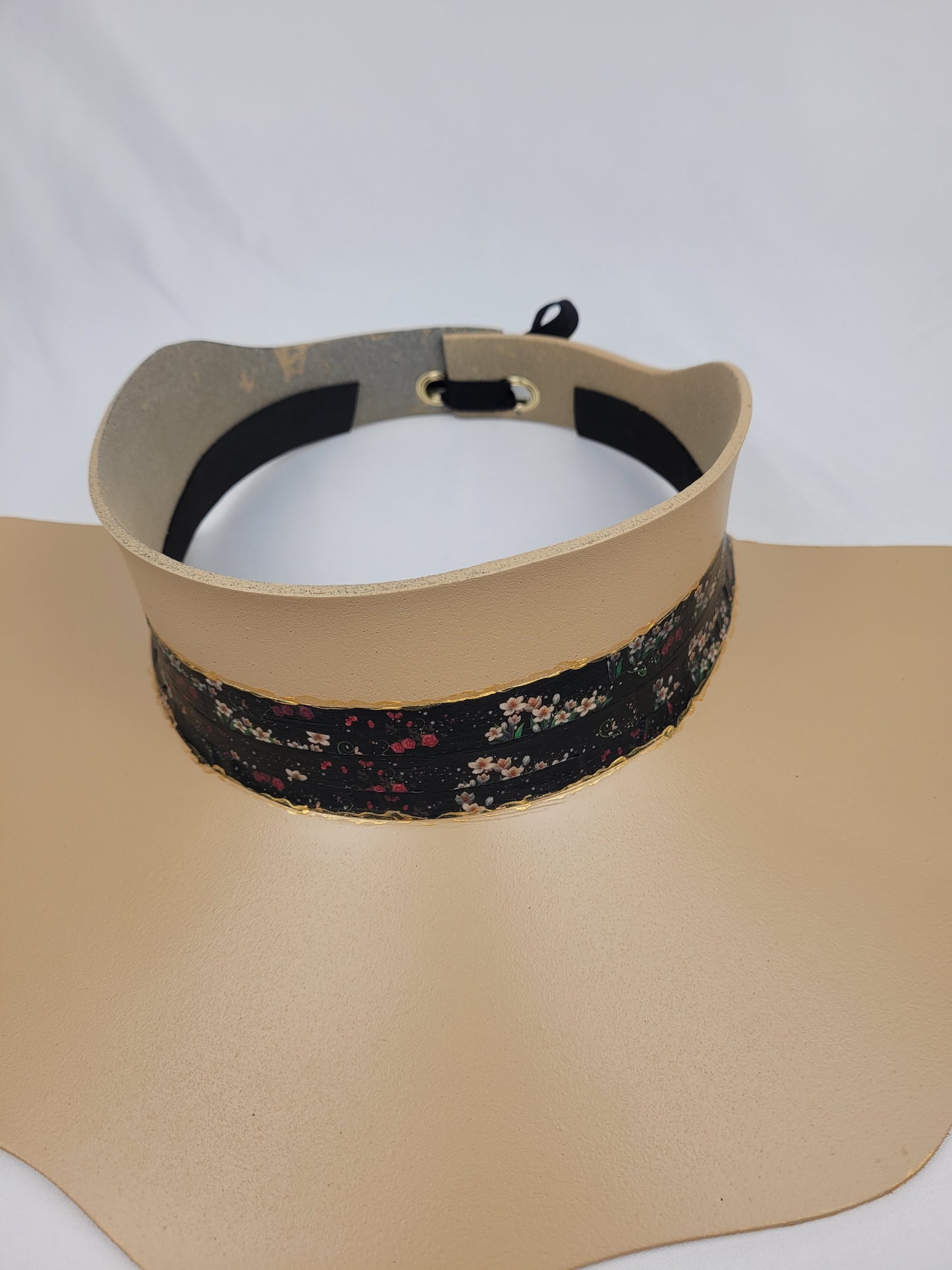 Tan Lotus Visor Hat with Black Floral Band