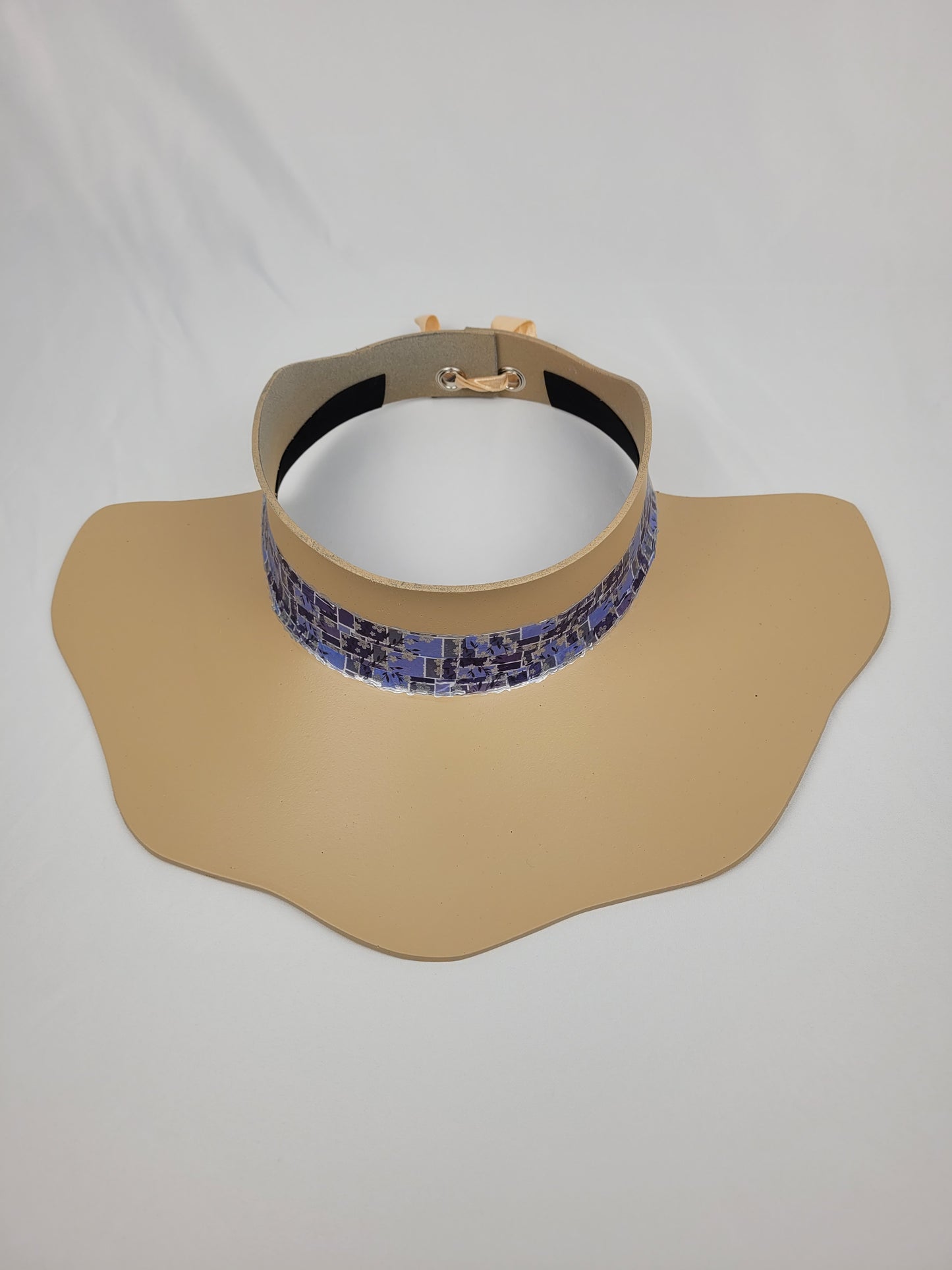 Beige Lotus Visor Hat with Silvery Blue and Purple Floral Band