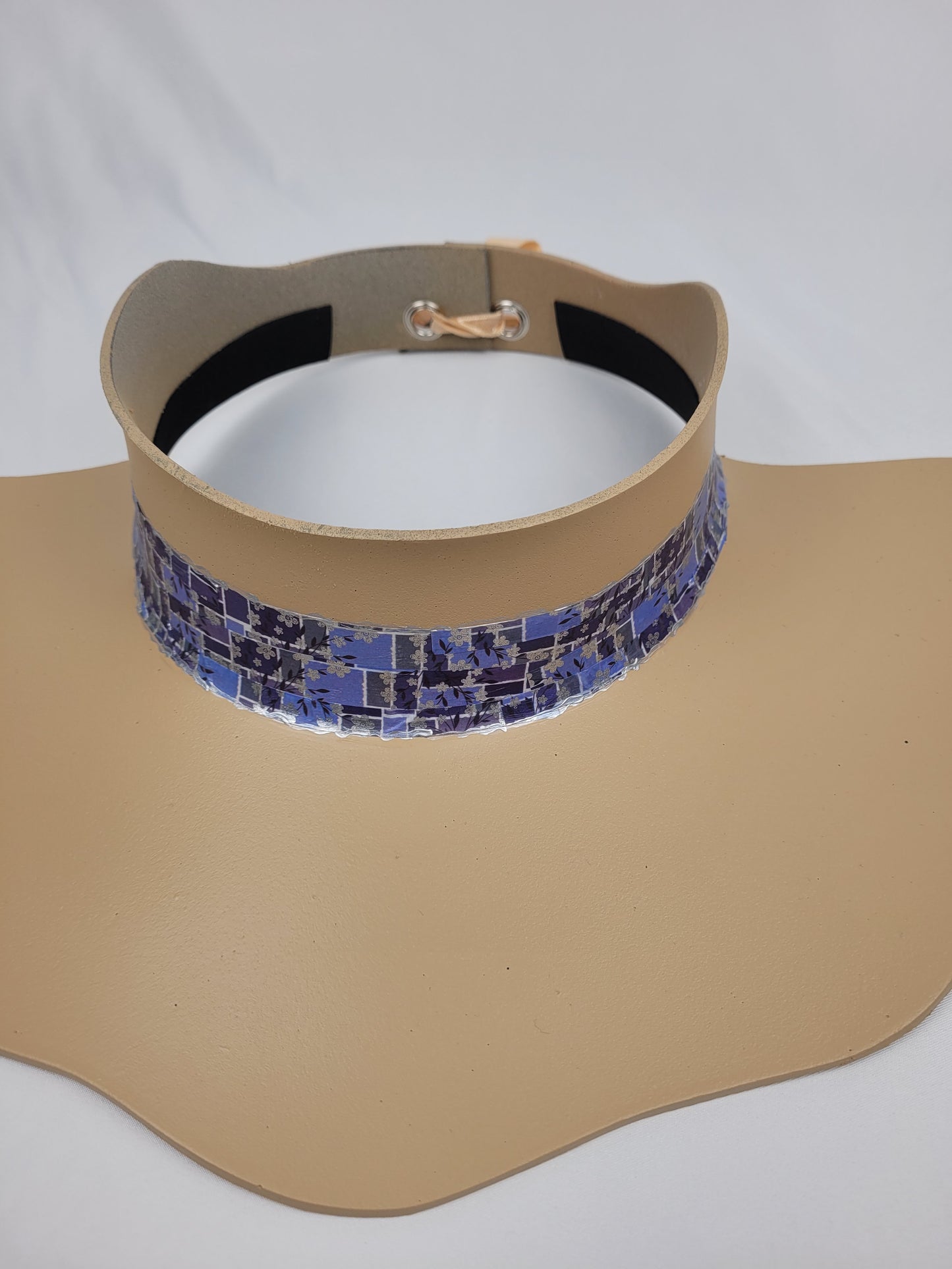 Beige Lotus Visor Hat with Silvery Blue and Purple Floral Band