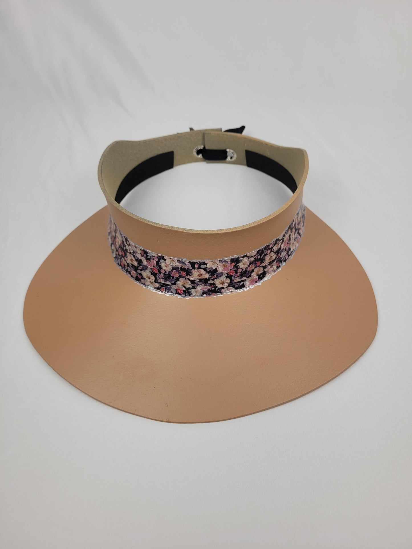 Tan "LadyEVA" Visor Hat with Dark Floral Band and Silver Accents