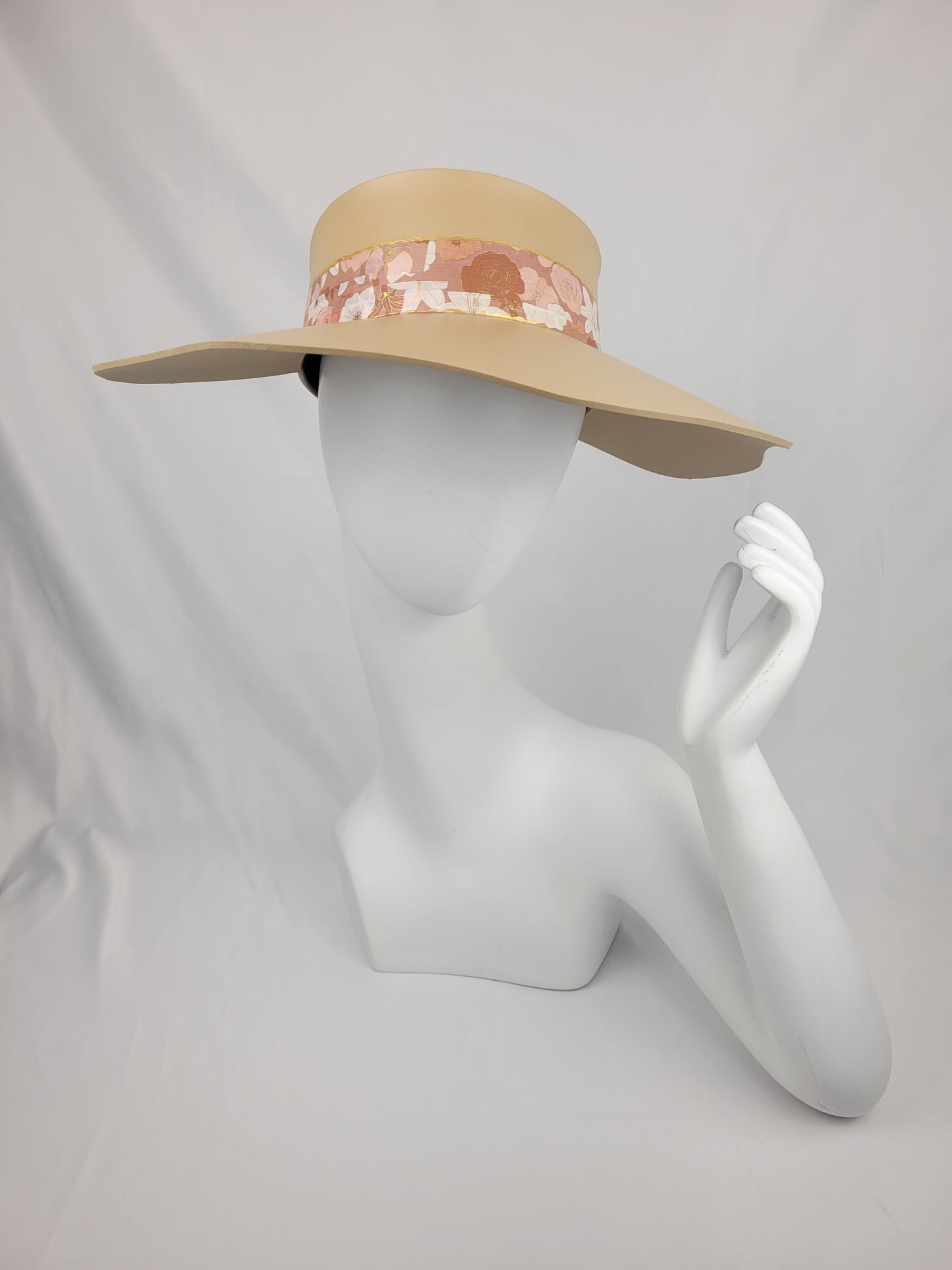 Beige Lotus Visor Hat with Champagne Pink Floral Band