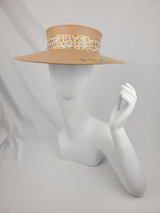 Tan "LadyEVA" Visor Hat with Autumn Floral Band and Handpainted Orange Floral Motif