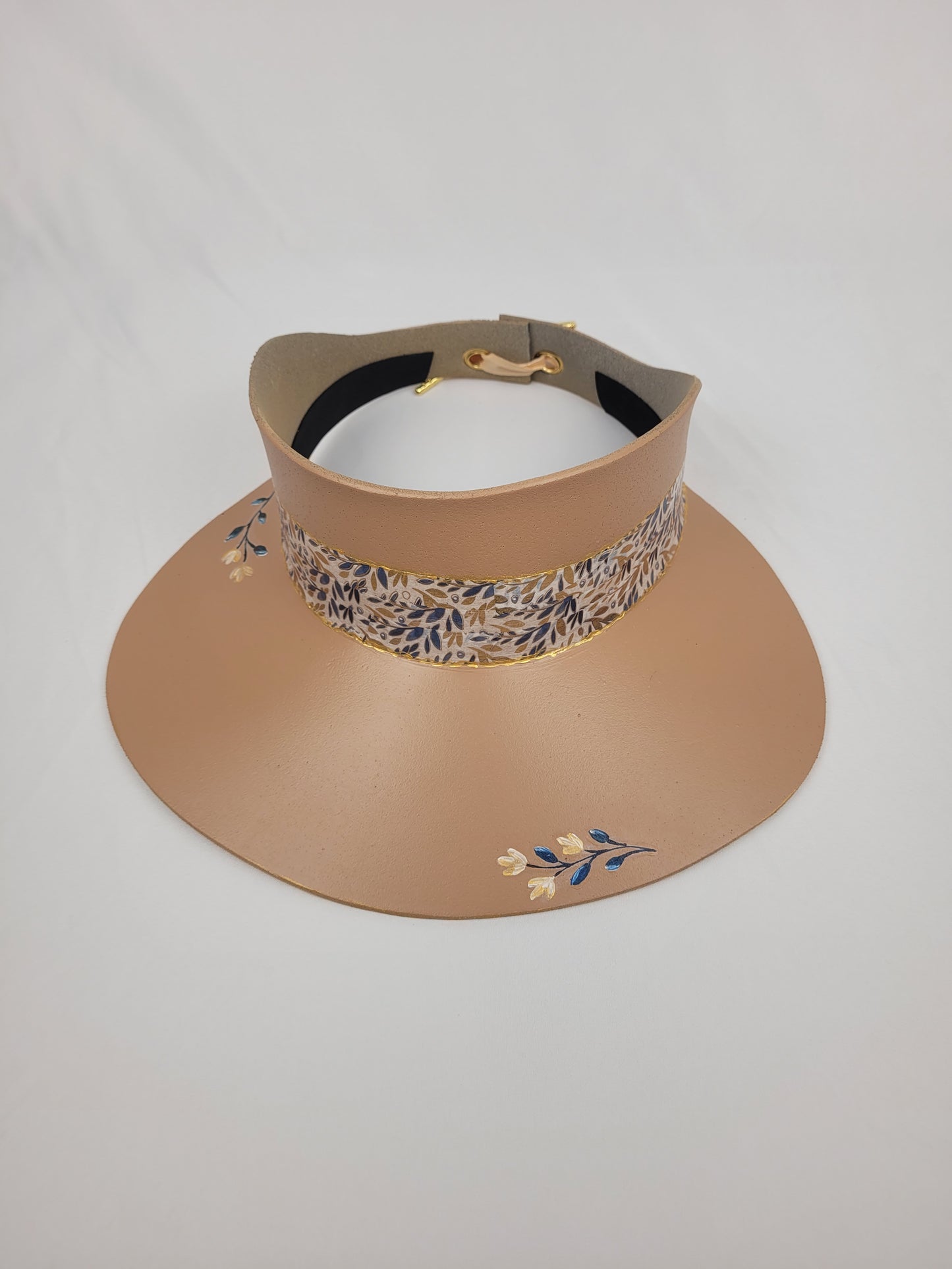 Tan "LadyEVA" Visor Hat with Golden Autumn Floral Band and Handpainted Blue Floral Motif