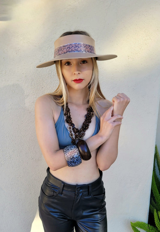 Tan "LadyEVA" Visor Hat with  Elegant Purple Floral Band