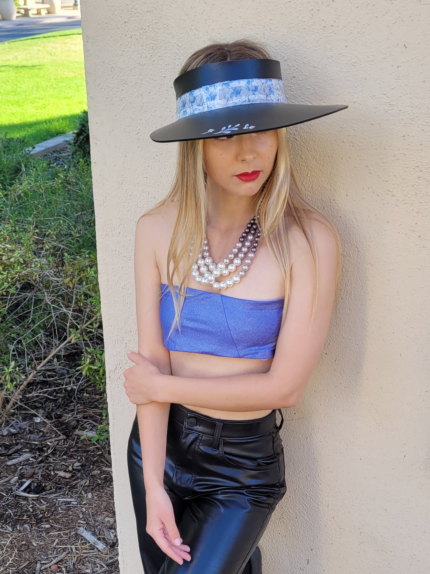 Black "LadyEVA" Visor Hat with Pale Blue Floral Band, Silver Accents and HandPainted Floral Motif