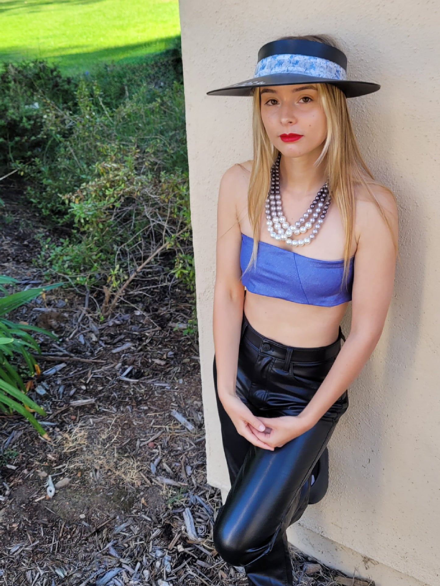 Black "LadyEVA" Visor Hat with Pale Blue Floral Band, Silver Accents and HandPainted Floral Motif