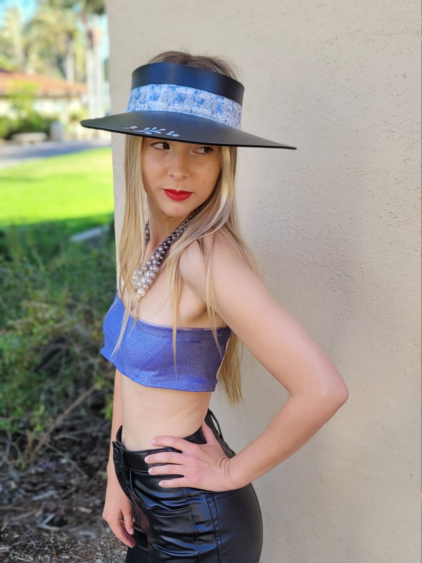 Black "LadyEVA" Visor Hat with Pale Blue Floral Band, Silver Accents and HandPainted Floral Motif