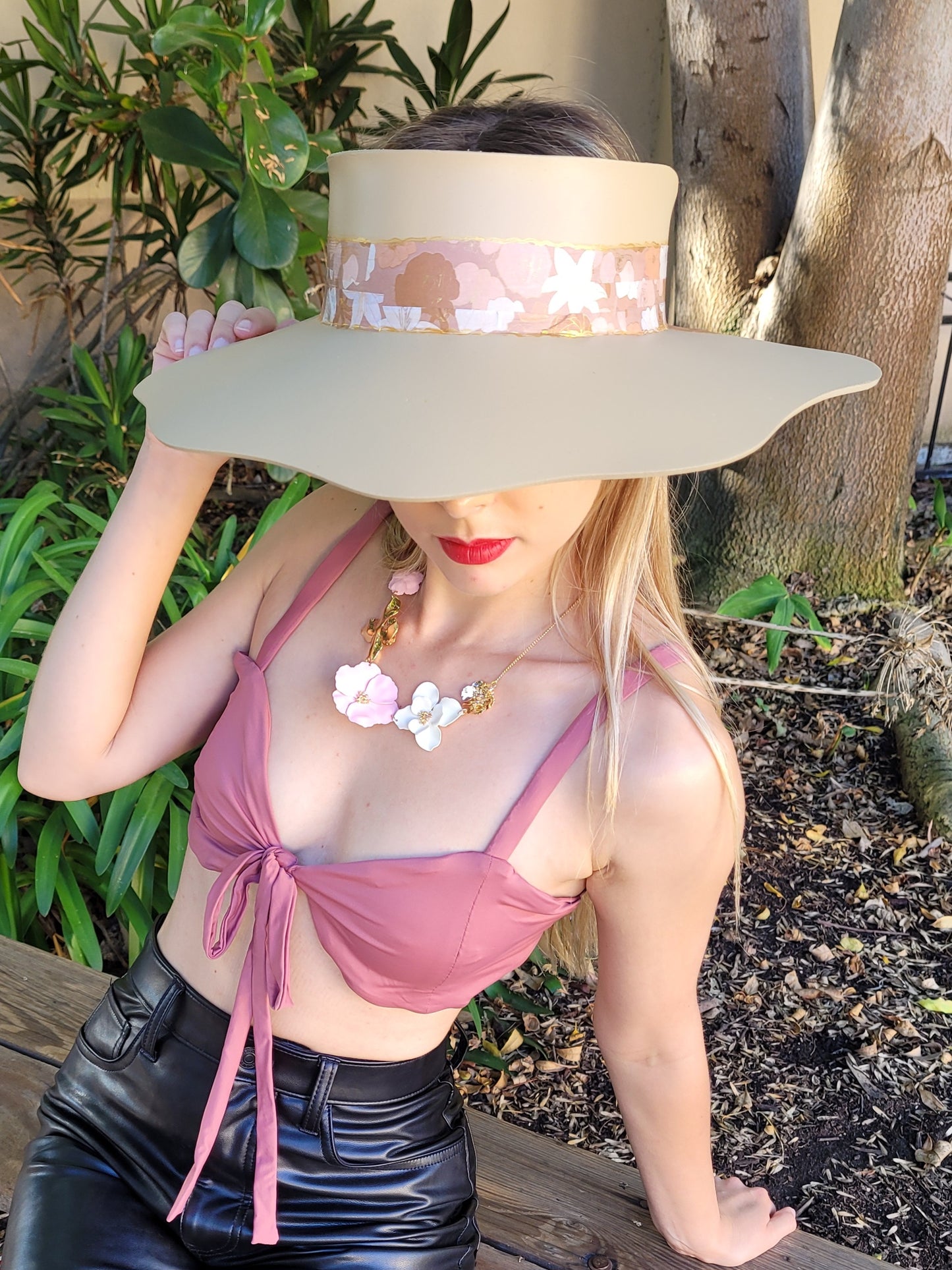 Beige Lotus Visor Hat with Champagne Pink Floral Band