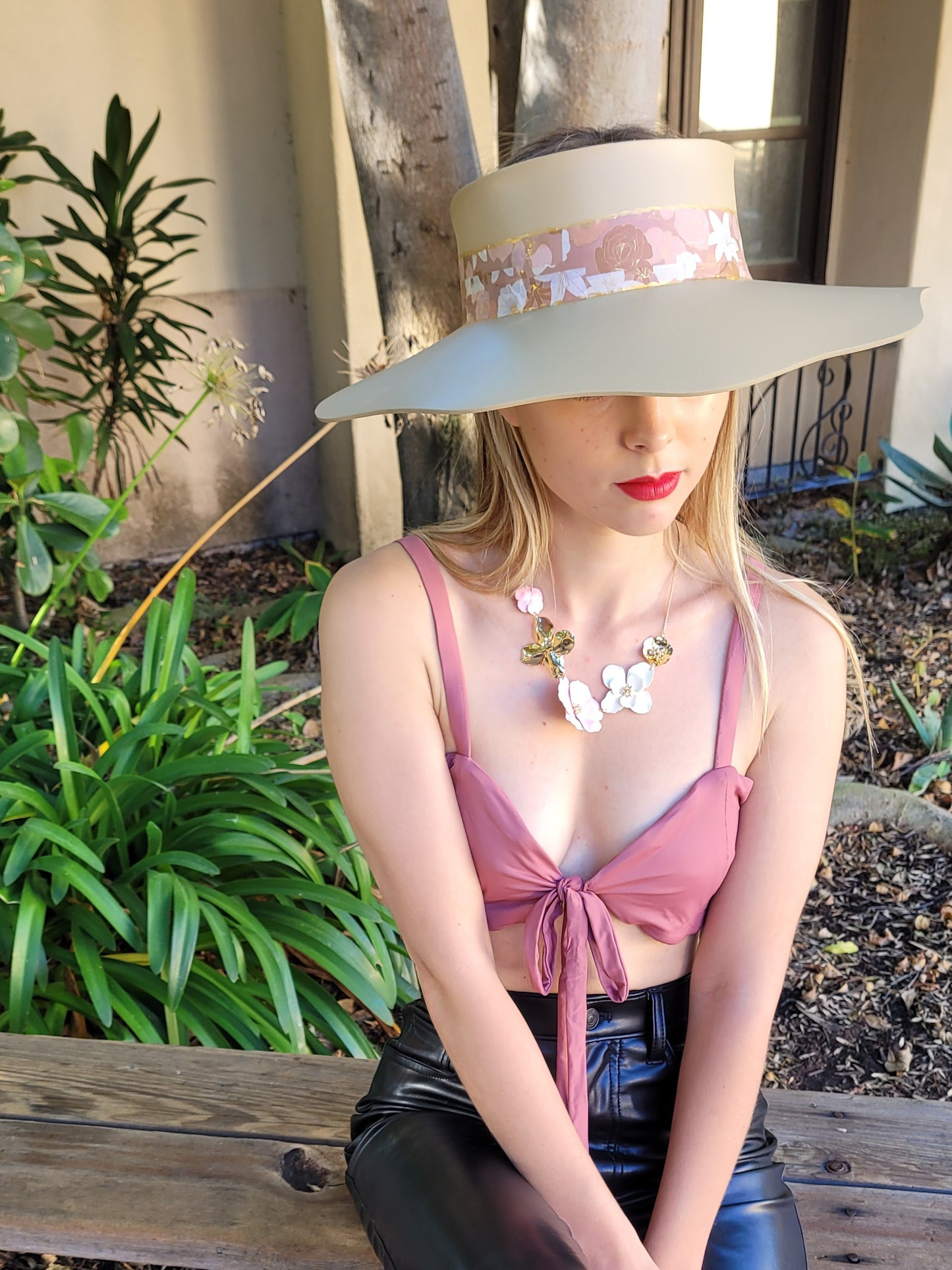 Beige Lotus Visor Hat with Champagne Pink Floral Band