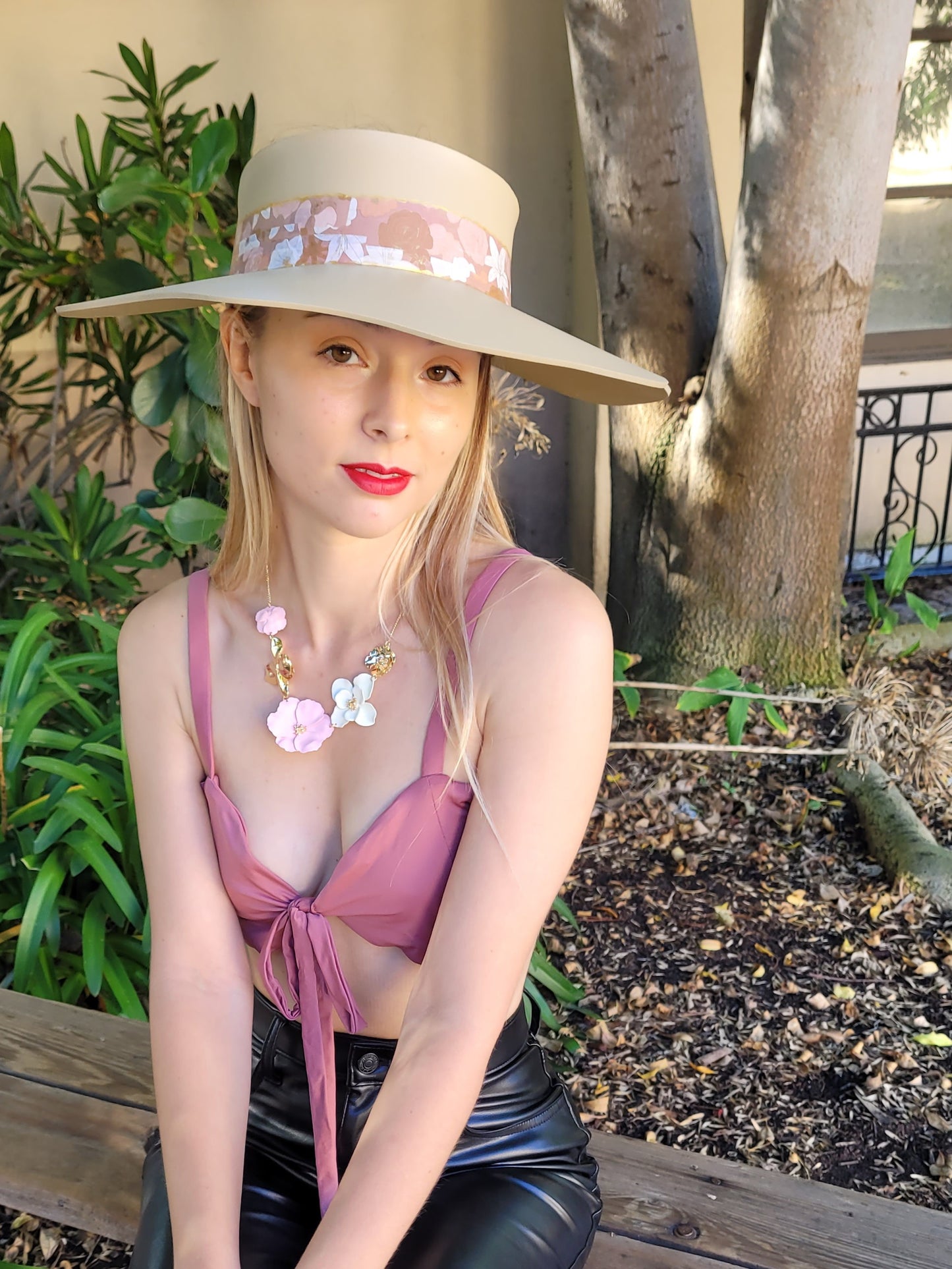 Beige Lotus Visor Hat with Champagne Pink Floral Band