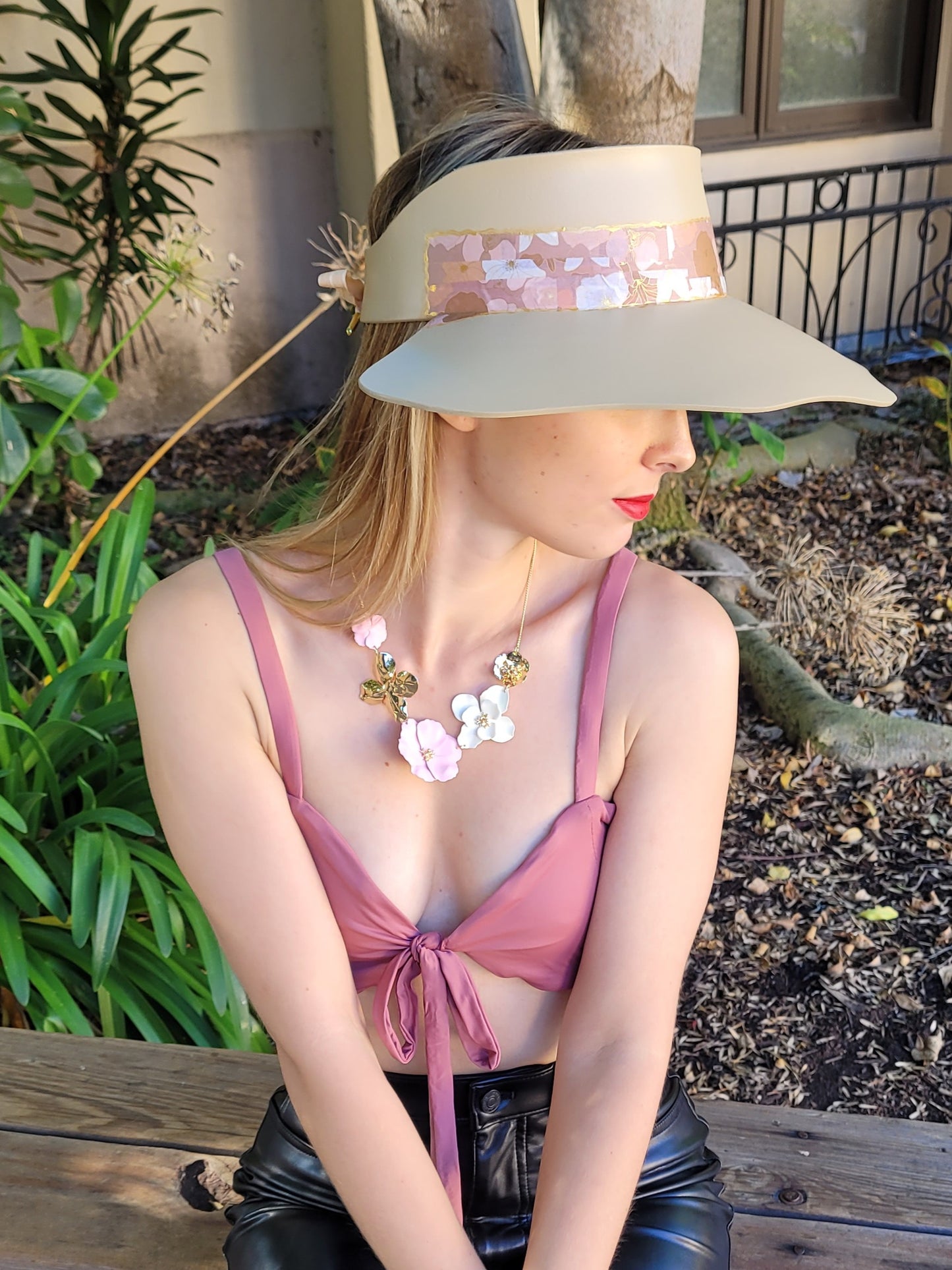 Beige Lotus Visor Hat with Champagne Pink Floral Band