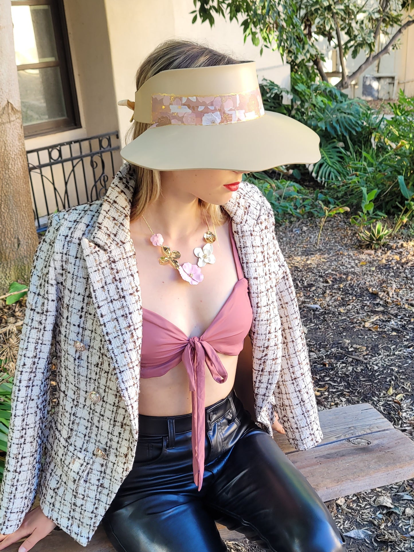 Beige Lotus Visor Hat with Champagne Pink Floral Band