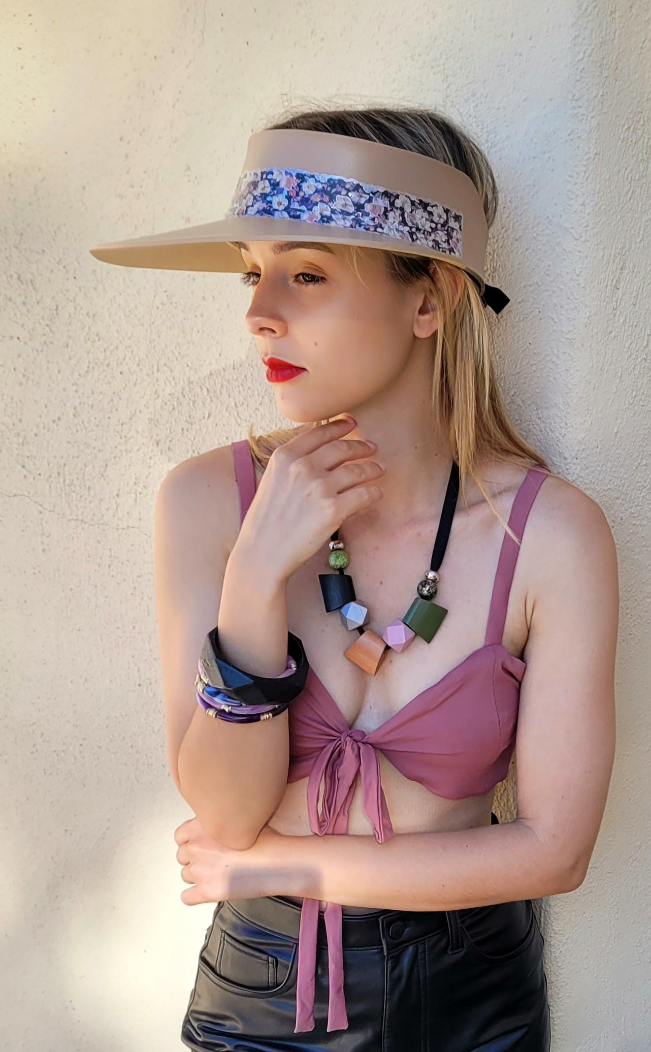 Tan "LadyEVA" Visor Hat with Dark Floral Band and Silver Accents