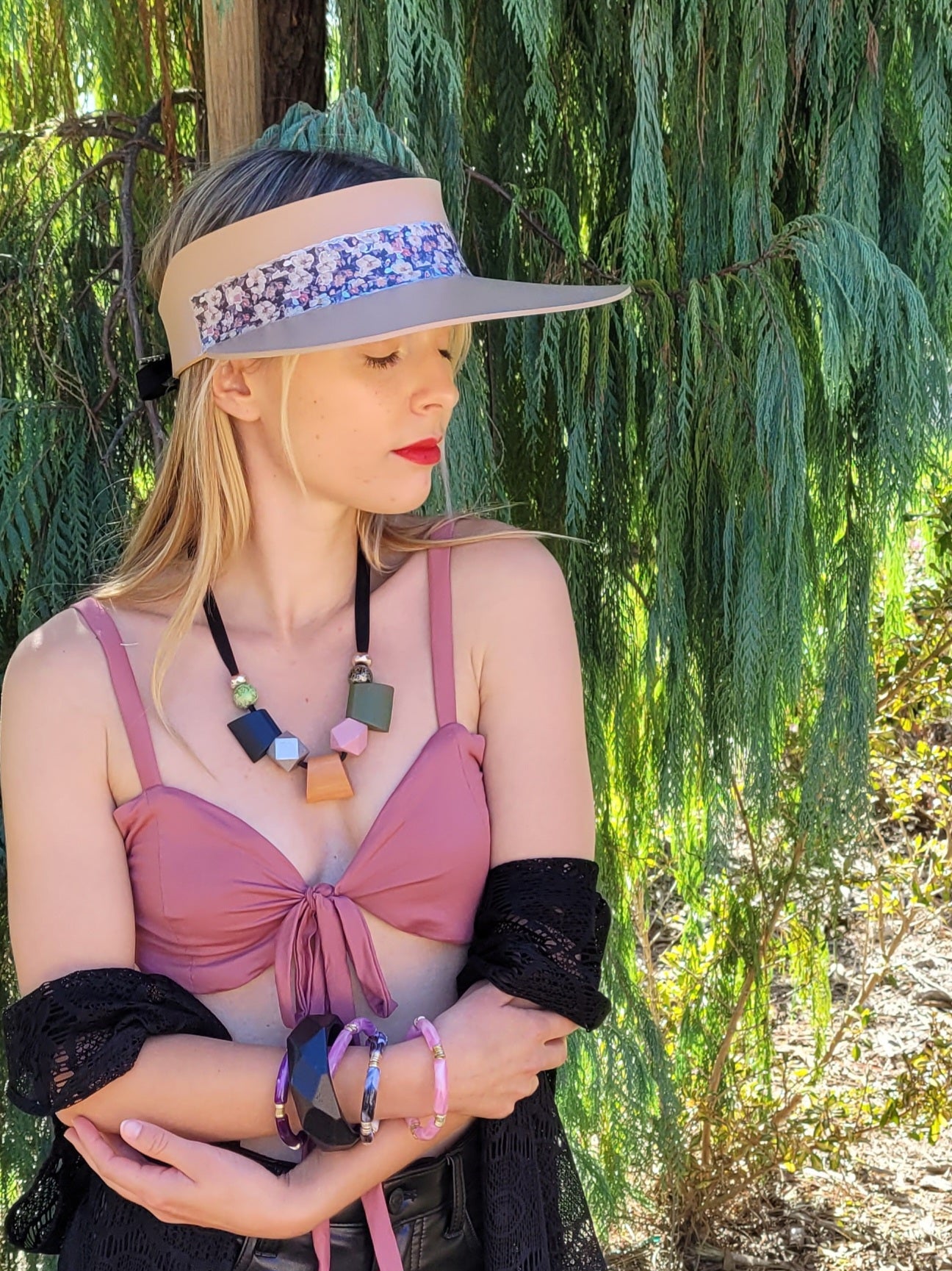 Tan "LadyEVA" Visor Hat with Dark Floral Band and Silver Accents