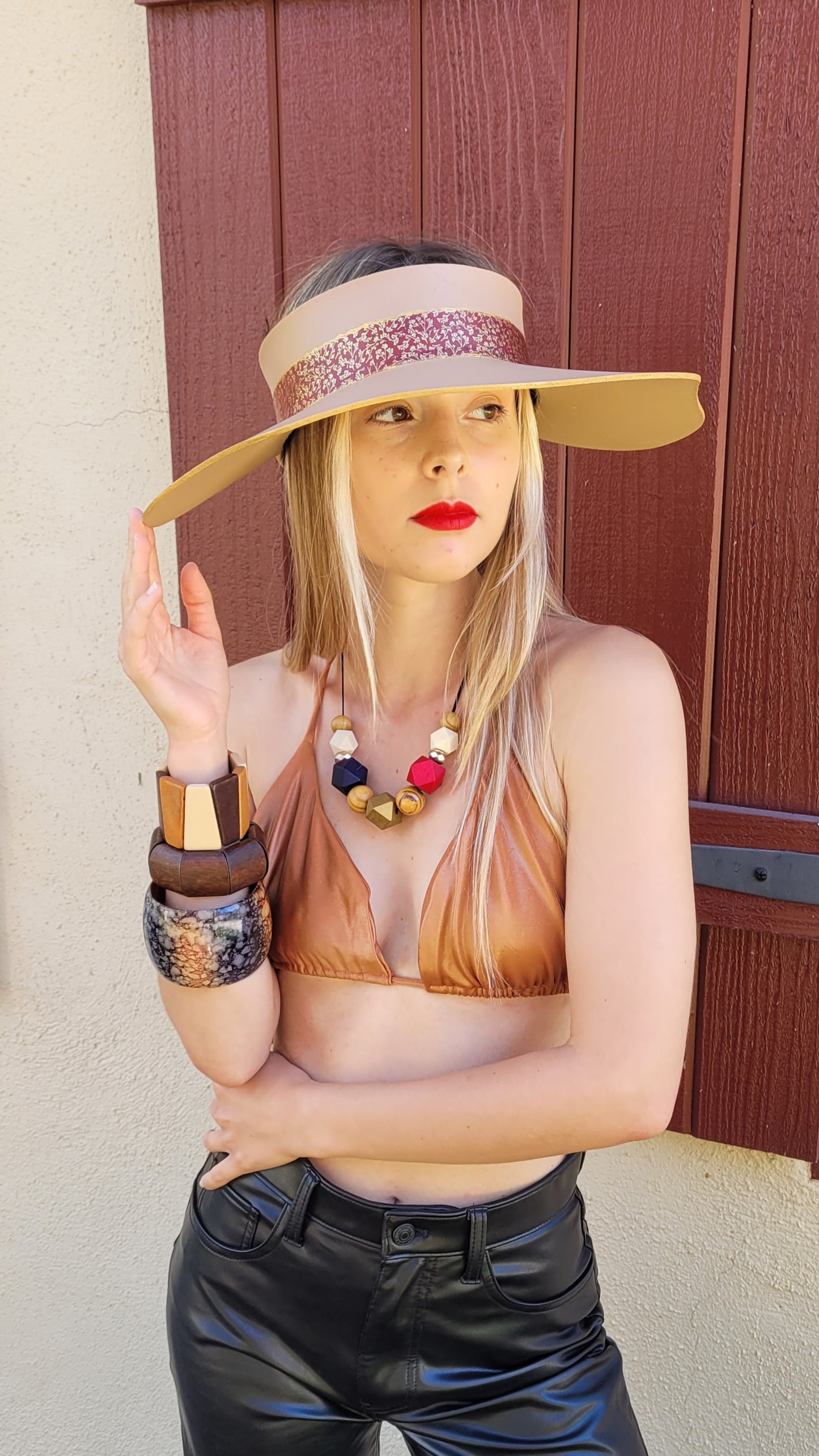 Tan Lotus Visor Hat with Crimson Red and Gold Band