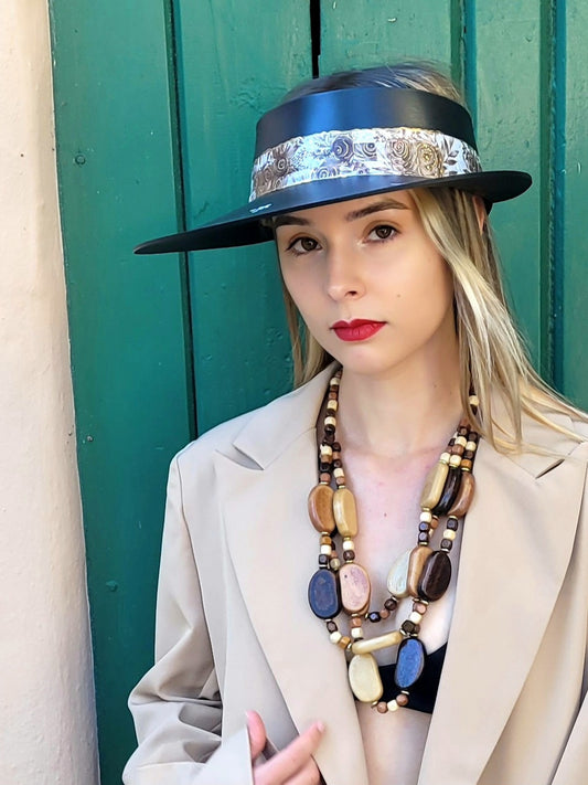 Black "LadyEVA" Visor Hat with Espresso Floral Band, and HandPainted Floral Motif