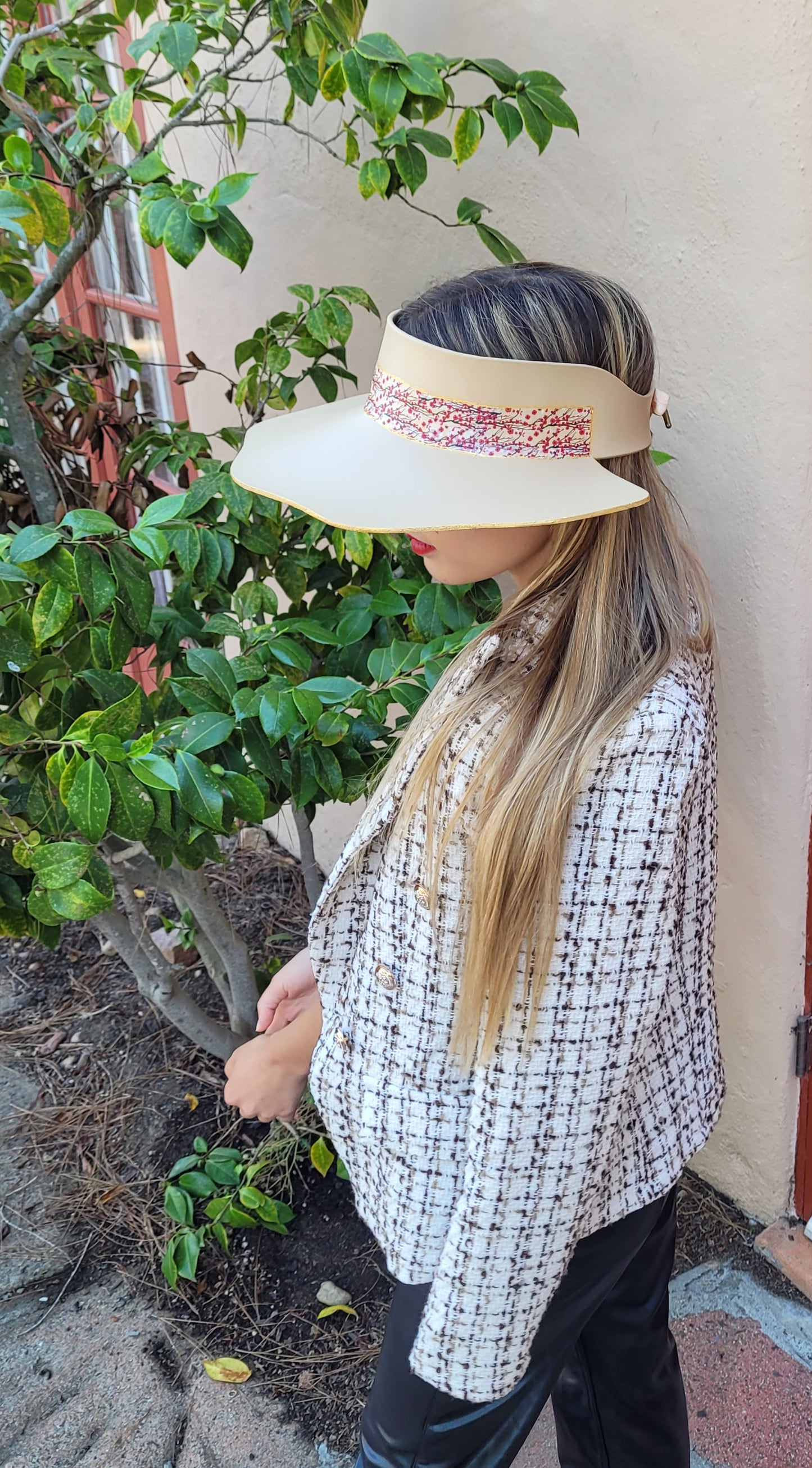 Beige Lotus Visor Hat with Magenta Cherry Blossom Floral Band