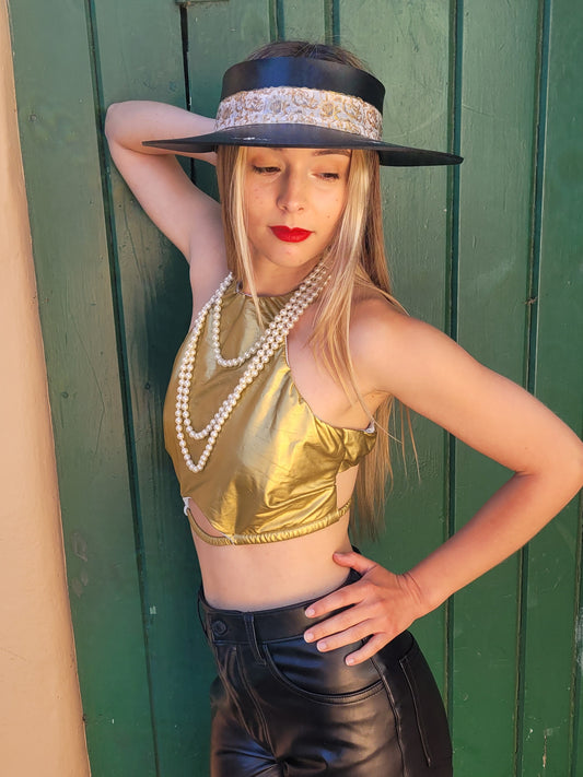 Black "LadyEVA" Visor Hat with Golden Floral Band, and HandPainted Floral Motif